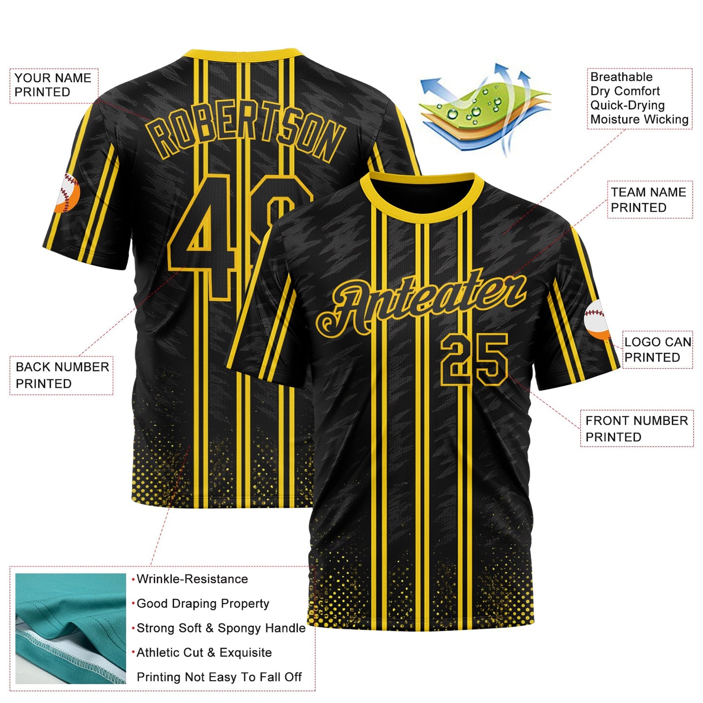 Custom Black Yellow 3D Pattern Design Germany Stripe Sportswear Performance T-Shirt view 2