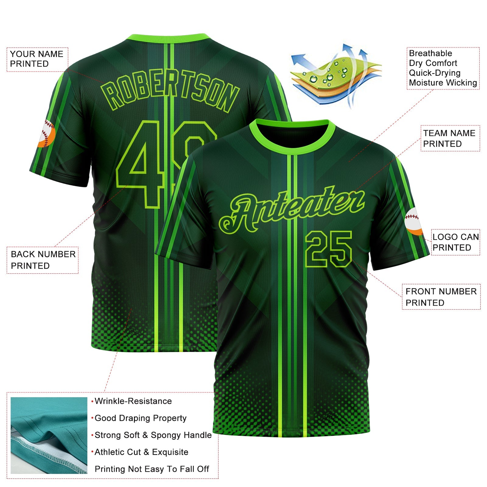 Custom Green Neon Green 3D Pattern Design Gradient Stripe Sportswear Performance T-Shirt view 2