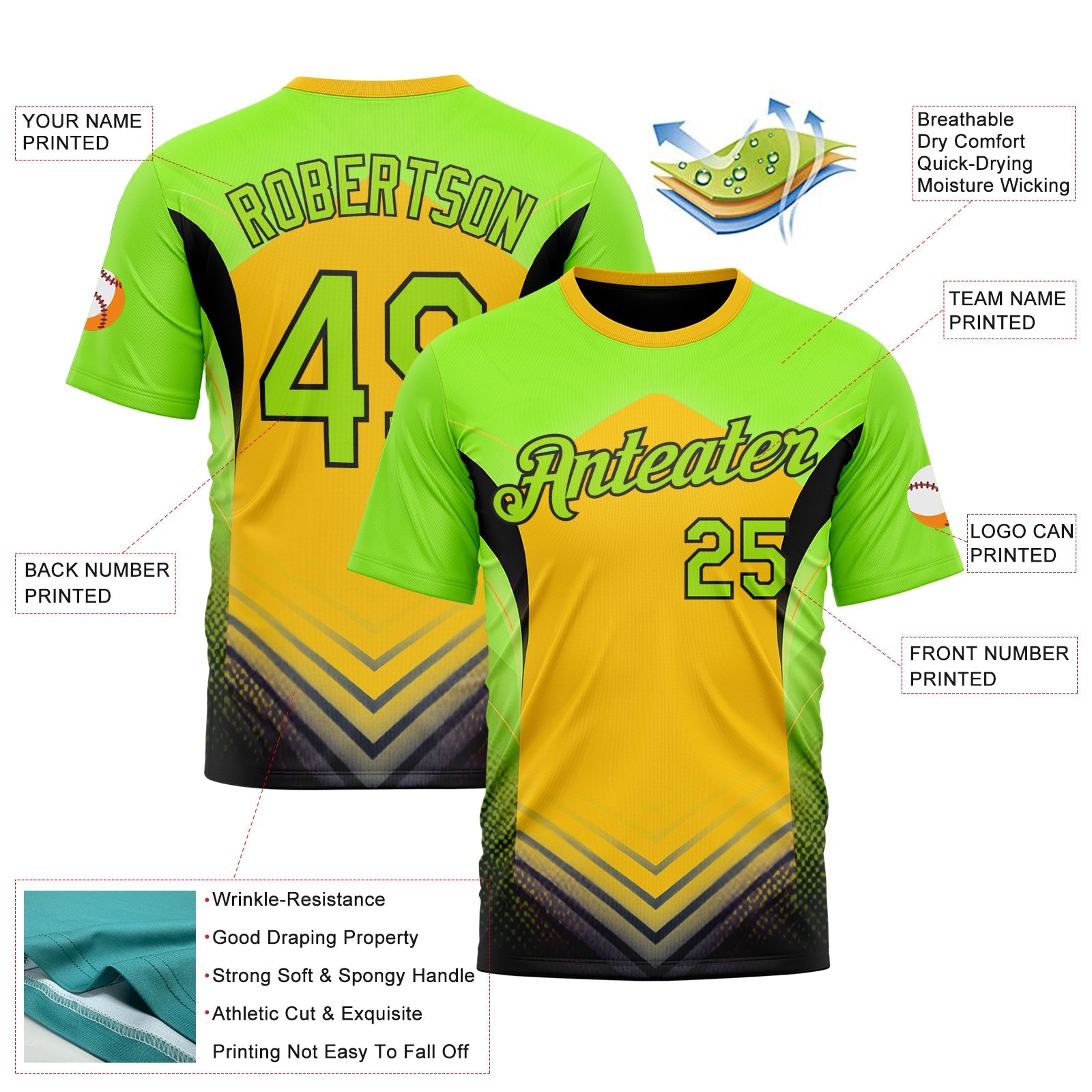 Custom Green Neon Green Yellow-Black 3D Pattern Design Color Block Arrow Sportswear Performance T-Shirt view 2