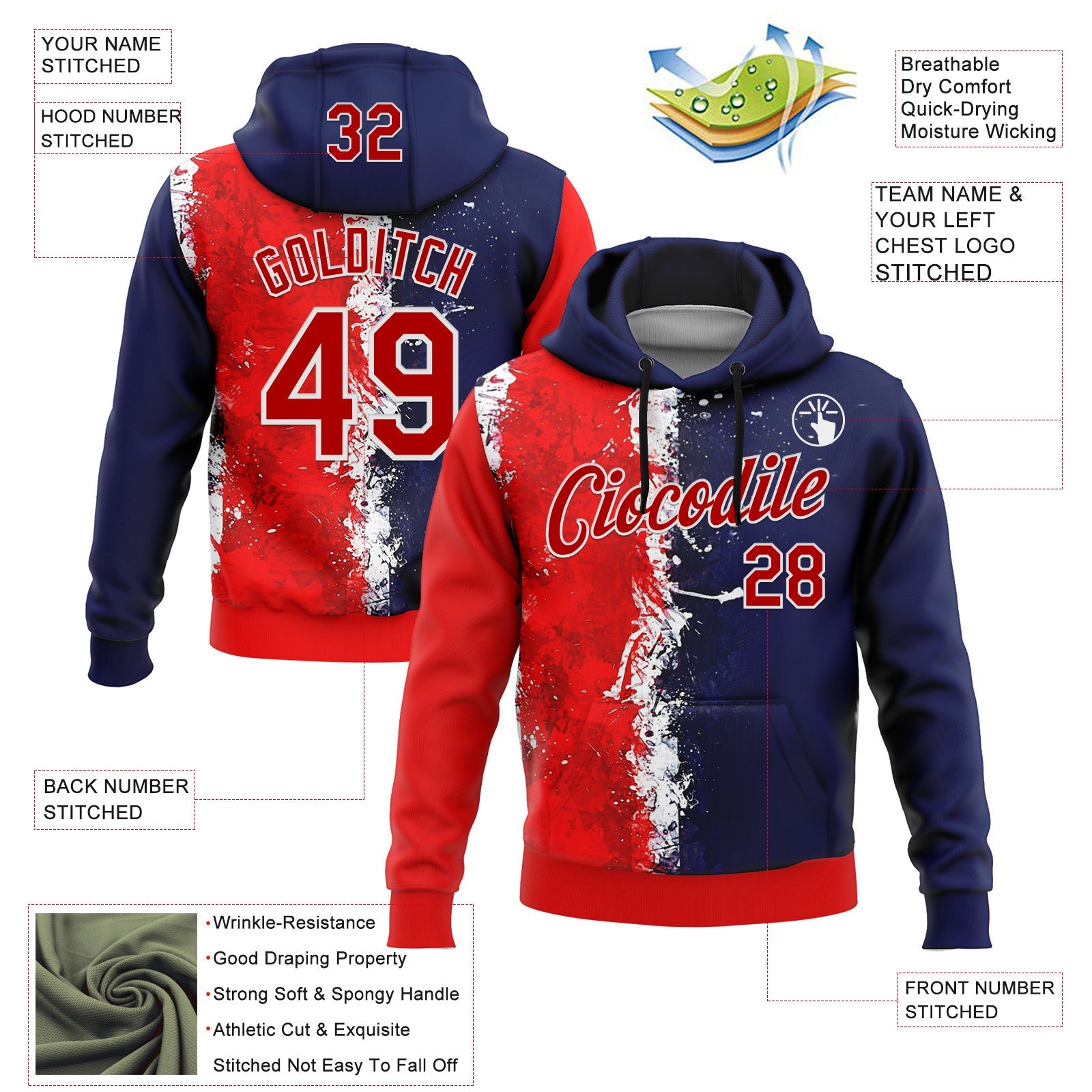 Custom Stitched Blue Red-White 3D Pattern Design American Inspired Graffiti Splash Sportswear Pullover Sweatshirt Hoodie view 2