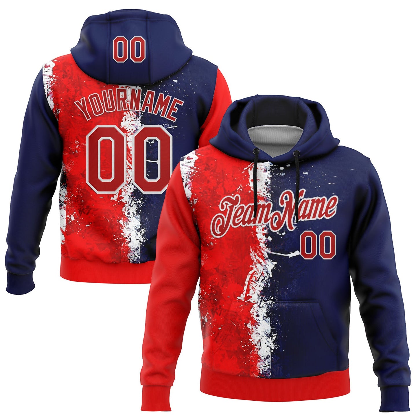 Custom Stitched Blue Red-White 3D Pattern Design American Inspired Graffiti Splash Sportswear Pullover Sweatshirt Hoodie - Main View