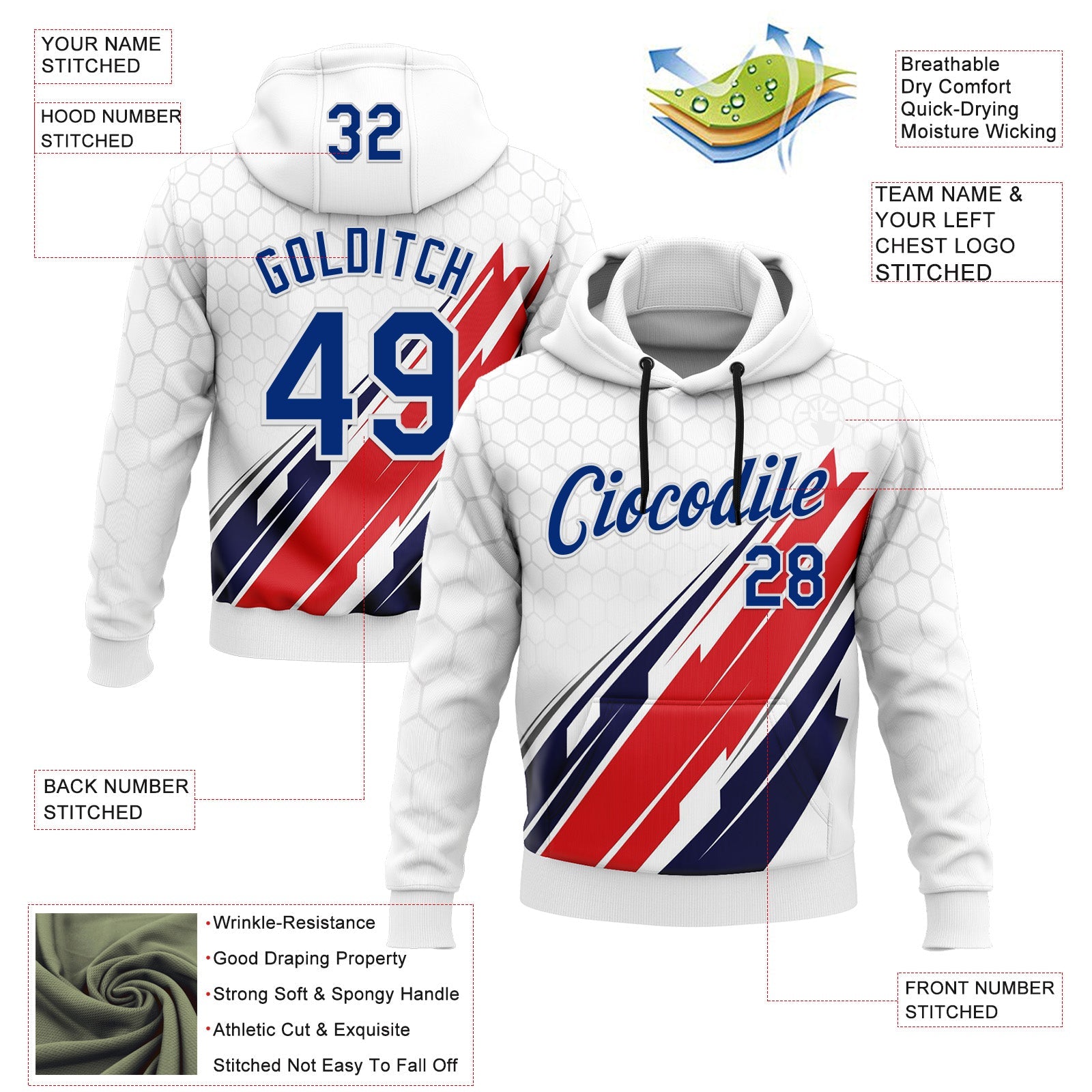 Custom Stitched White Royal-Red 3D Pattern Design American Inspired Abstract Geometric Honeycomb Shape Sportswear Pullover Sweatshirt Hoodie view 2