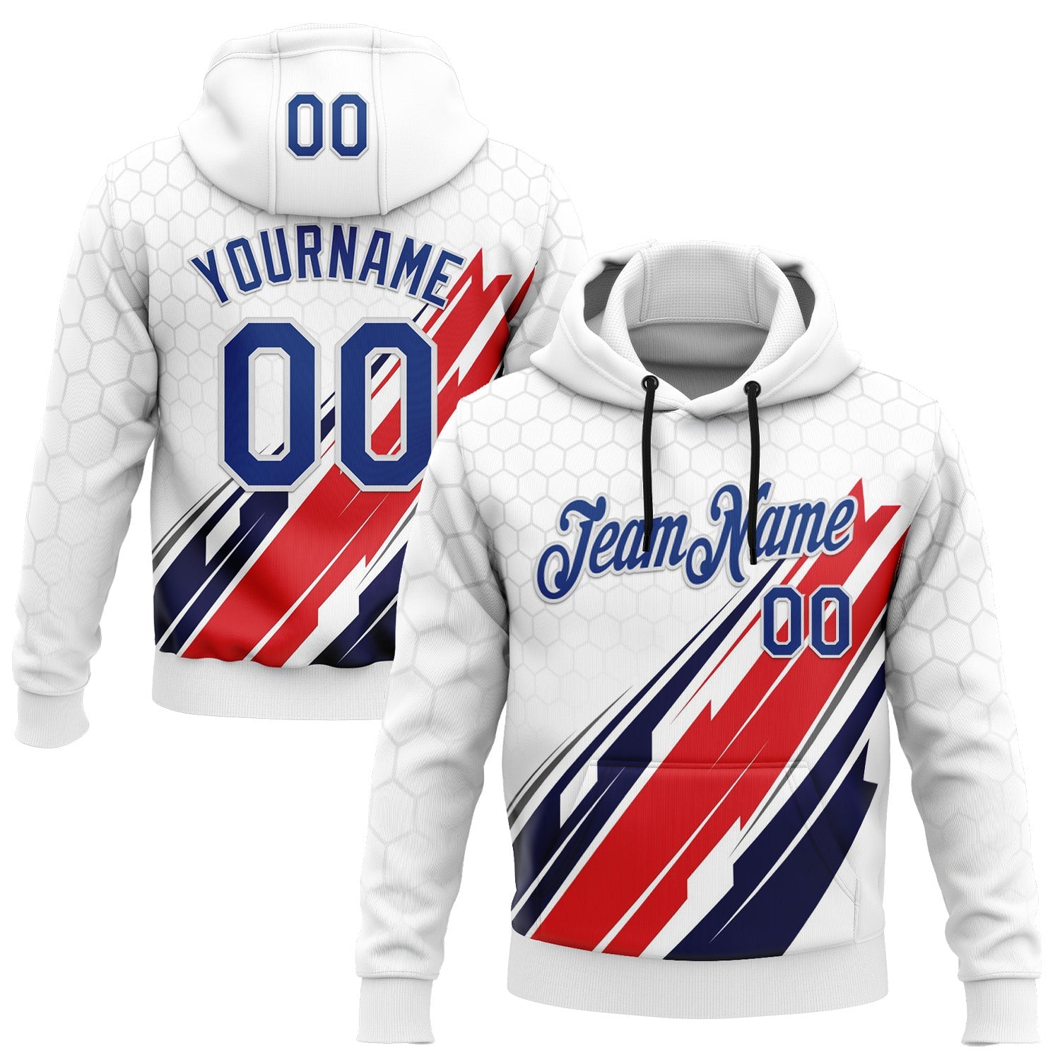 Custom Stitched White Royal-Red 3D Pattern Design American Inspired Abstract Geometric Honeycomb Shape Sportswear Pullover Sweatshirt Hoodie - Main View