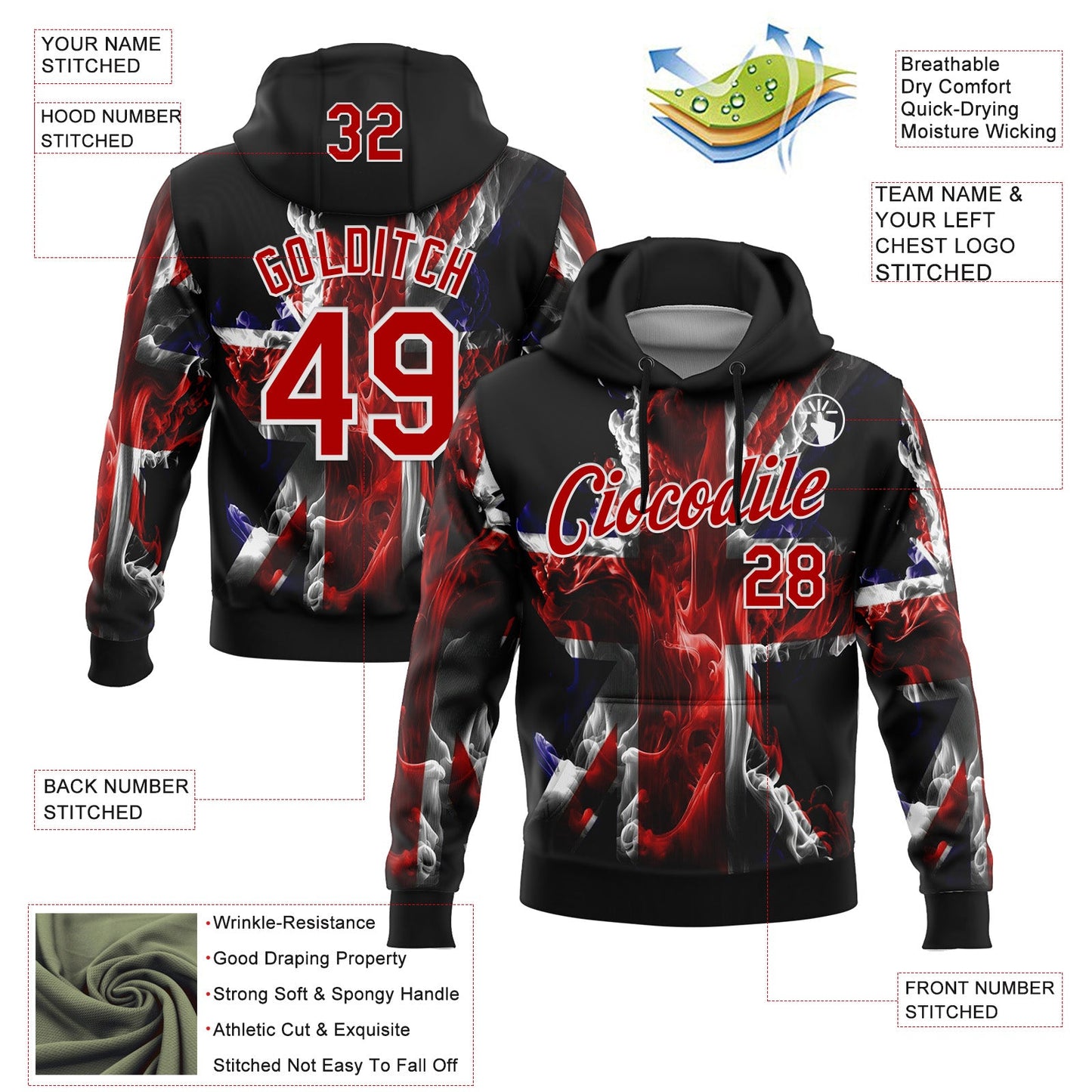 Custom Stitched Black Red-White 3D Pattern Design England Inspired Flame Sportswear Pullover Sweatshirt Hoodie view 2