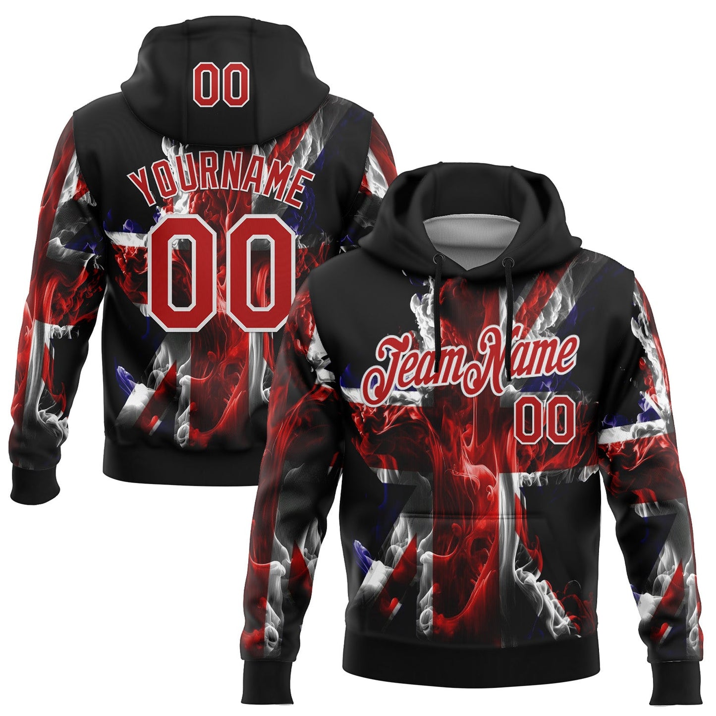 Custom Stitched Black Red-White 3D Pattern Design England Inspired Flame Sportswear Pullover Sweatshirt Hoodie - Main View