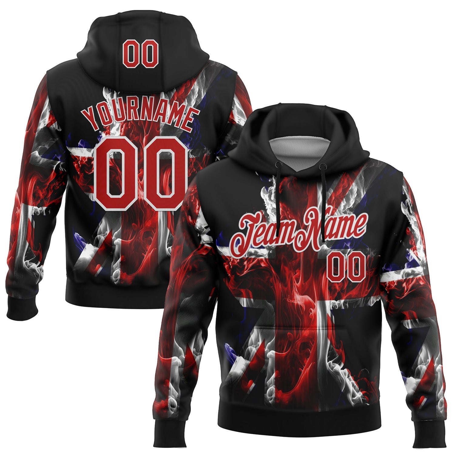 Custom Stitched Black Red-White 3D Pattern Design England Inspired Flame Sportswear Pullover Sweatshirt Hoodie - Main View