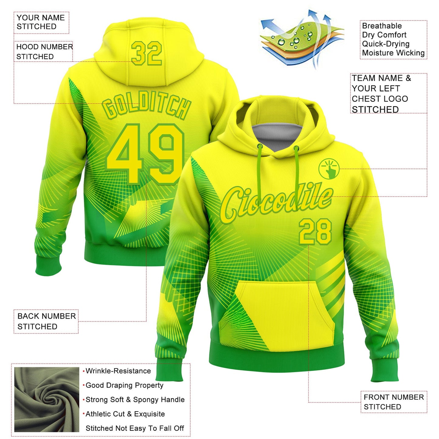Custom Stitched Yellow Light Yellow Green-Aurora Green 3D Pattern Design Brazil Inspired Geometric Shape Sportswear Pullover Sweatshirt Hoodie view 2