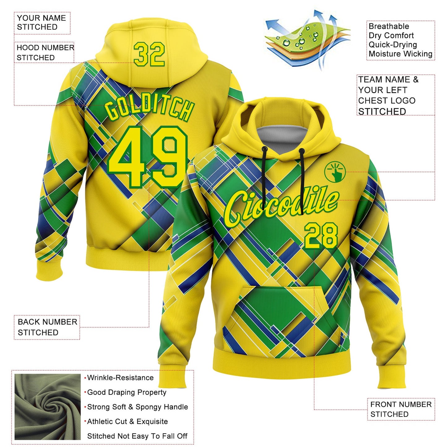 Custom Stitched Yellow Light Yellow Green-Grass Green 3D Pattern Design Brazil Inspired Geometric Shape Sportswear Pullover Sweatshirt Hoodie view 2