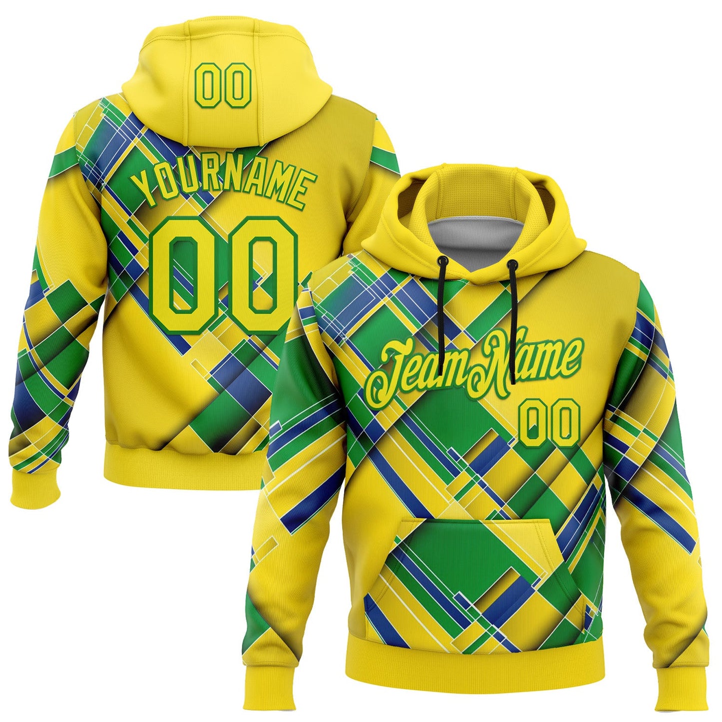 Custom Stitched Yellow Light Yellow Green-Grass Green 3D Pattern Design Brazil Inspired Geometric Shape Sportswear Pullover Sweatshirt Hoodie - Main View