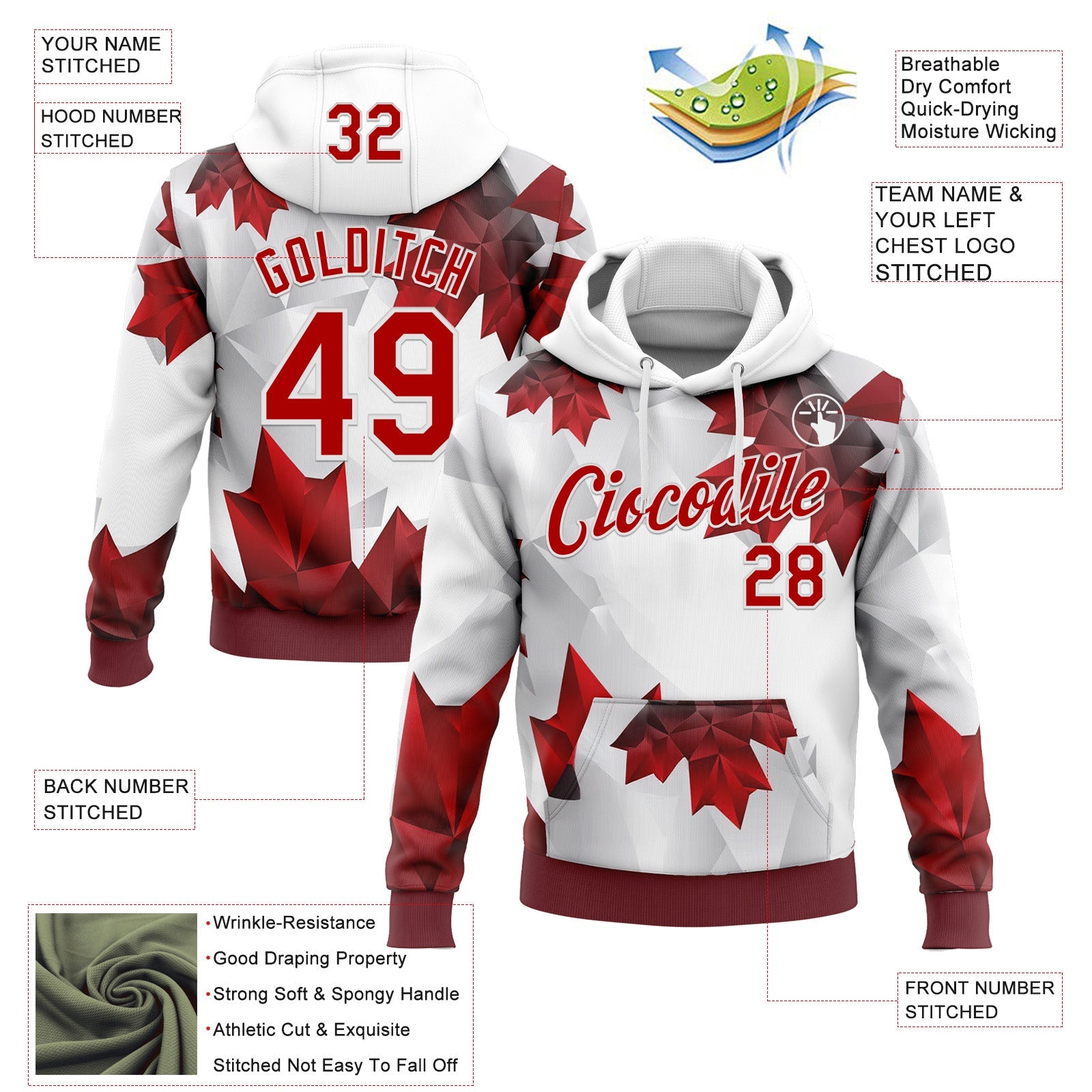 Custom Stitched White Red 3D Pattern Design Canada Maple Sportswear Pullover Sweatshirt Hoodie view 2