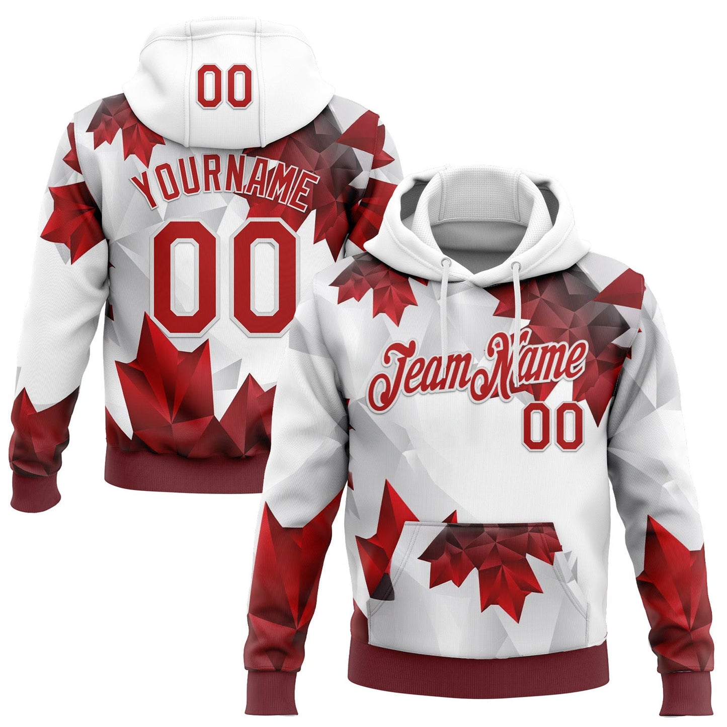Custom Stitched White Red 3D Pattern Design Canada Maple Sportswear Pullover Sweatshirt Hoodie - Main View