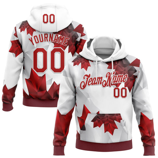 Custom Stitched White Red 3D Pattern Design Canada Maple Sportswear Pullover Sweatshirt Hoodie - Main View