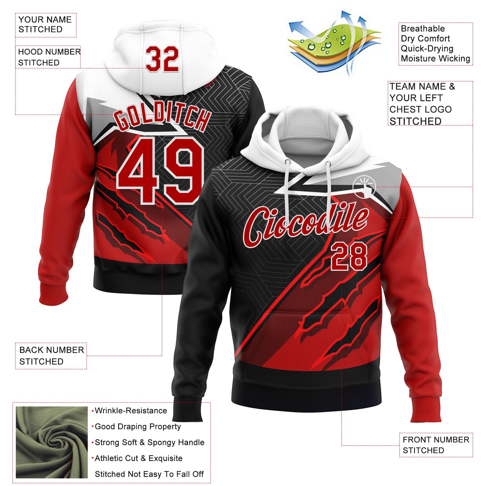 Custom Stitched Red Black-White 3D Pattern Design Canada Germany Inspired Claw Mark Sportswear Pullover Sweatshirt Hoodie view 2