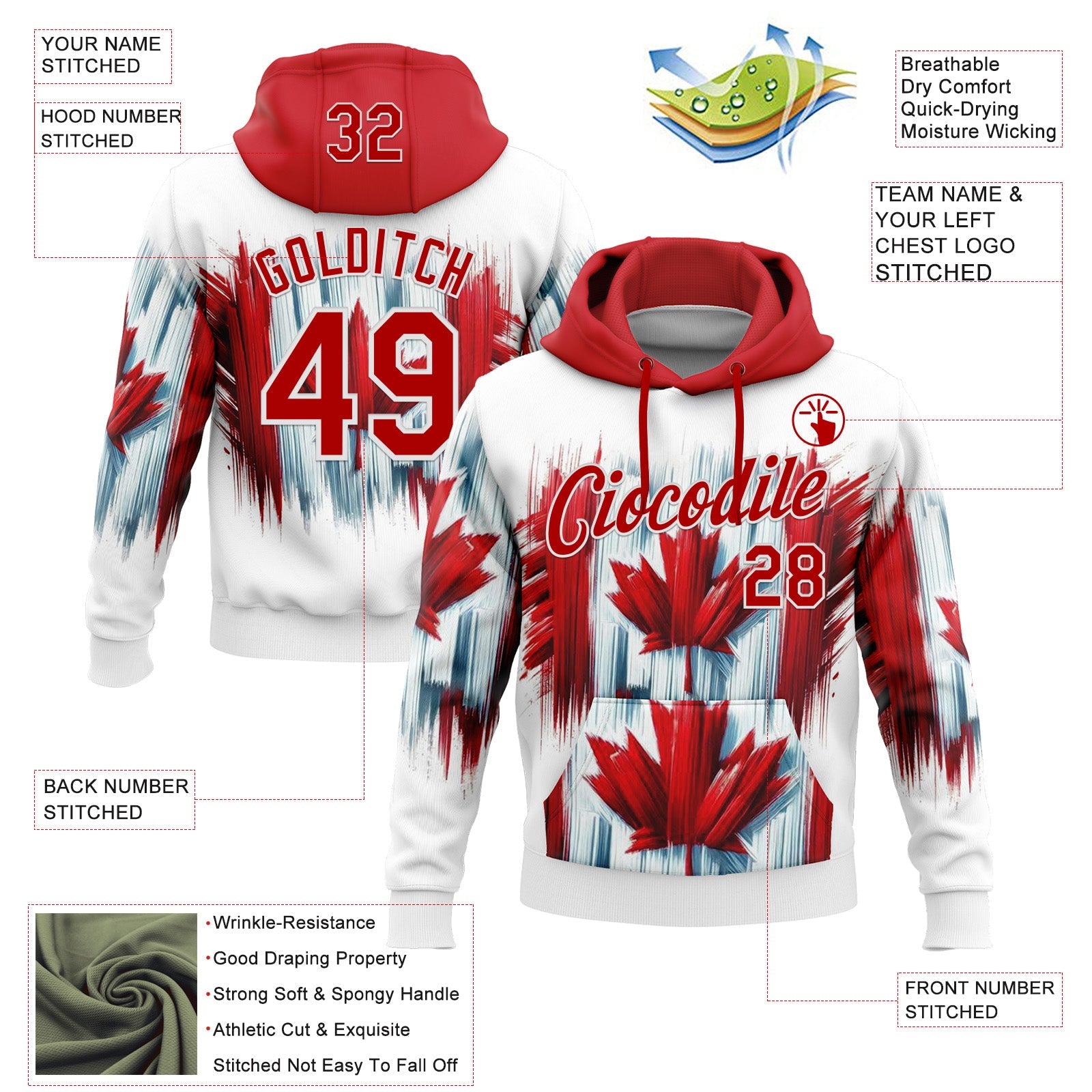 Custom Stitched White Red 3D Pattern Design Canada Maple Sportswear Pullover Sweatshirt Hoodie view 2