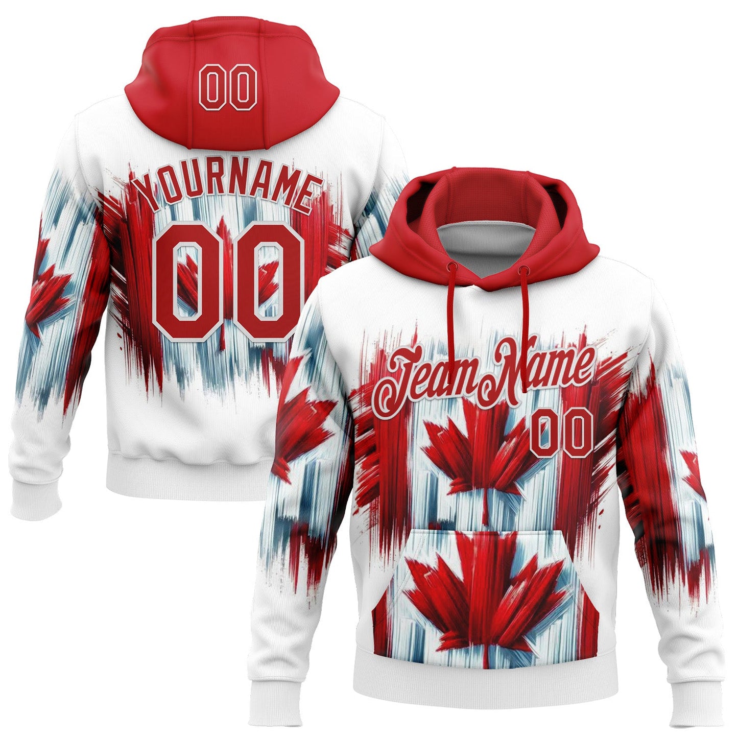 Custom Stitched White Red 3D Pattern Design Canada Maple Sportswear Pullover Sweatshirt Hoodie - Main View