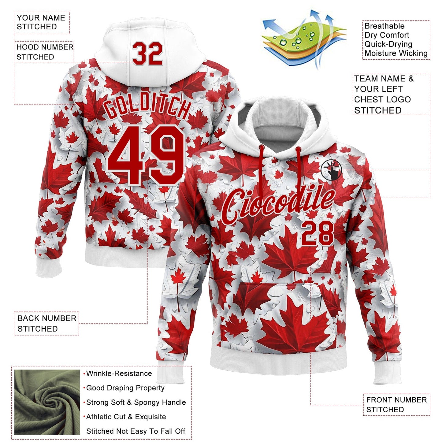 Custom Stitched White Red 3D Pattern Design Canada Maple Sportswear Pullover Sweatshirt Hoodie view 2