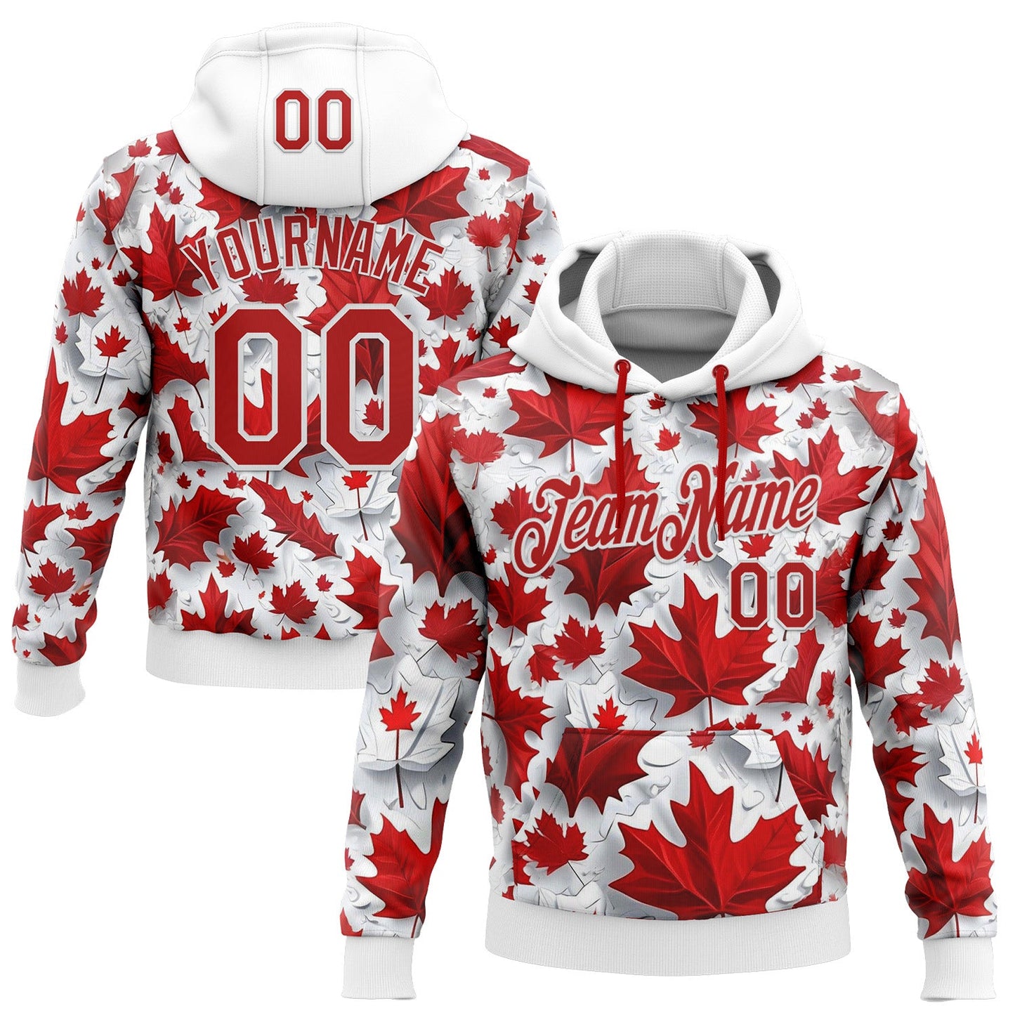 Custom Stitched White Red 3D Pattern Design Canada Maple Sportswear Pullover Sweatshirt Hoodie - Main View
