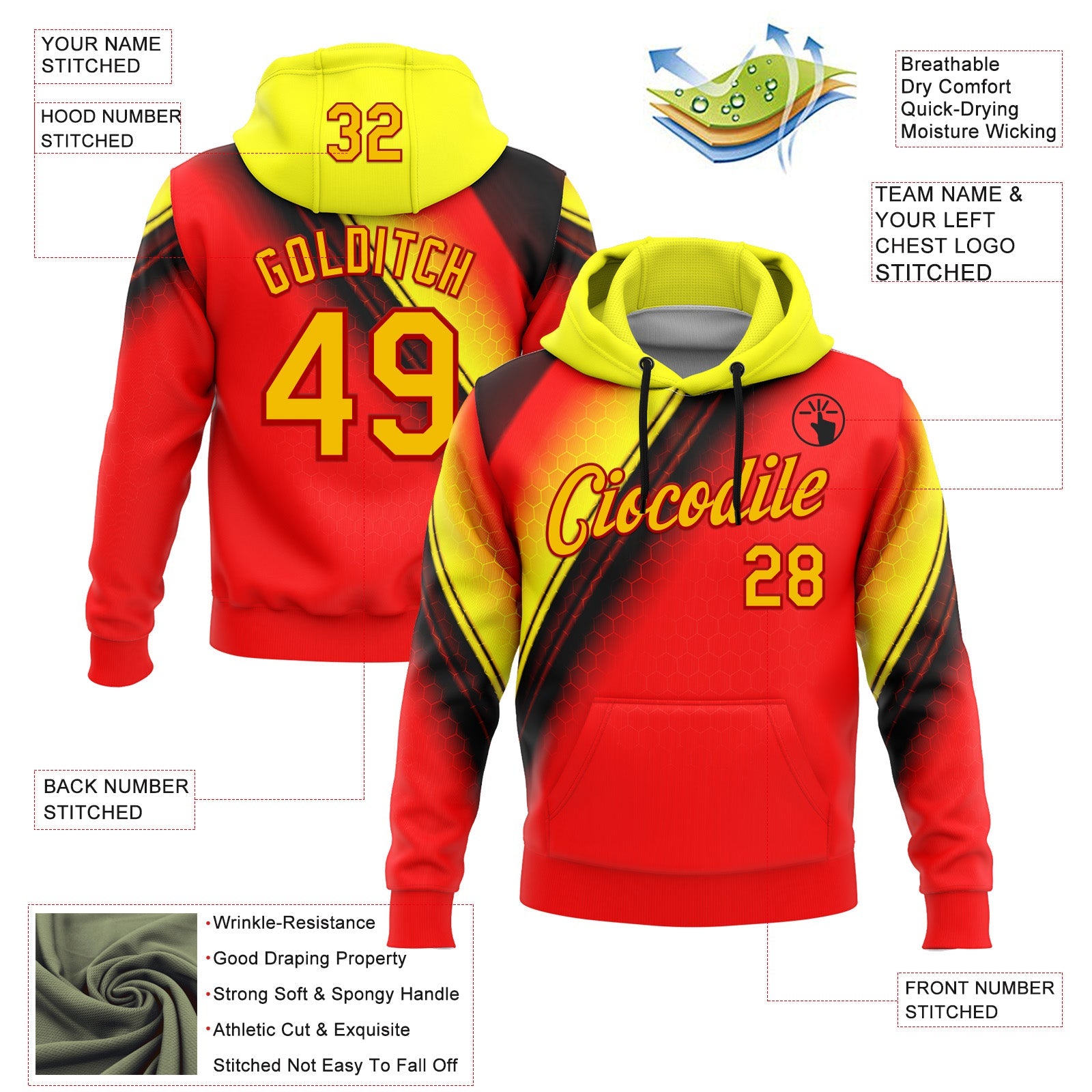 Custom Stitched Red Yellow-Black 3D Pattern Design Germany Inspired Abstract Geometric Honeycomb Shape Sportswear Pullover Sweatshirt Hoodie view 2