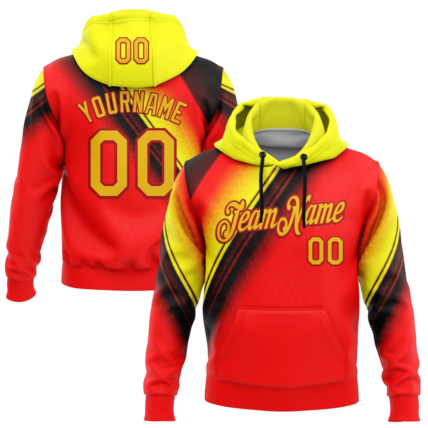 Custom Stitched Red Yellow-Black 3D Pattern Design Germany Inspired Abstract Geometric Honeycomb Shape Sportswear Pullover Sweatshirt Hoodie - Main View