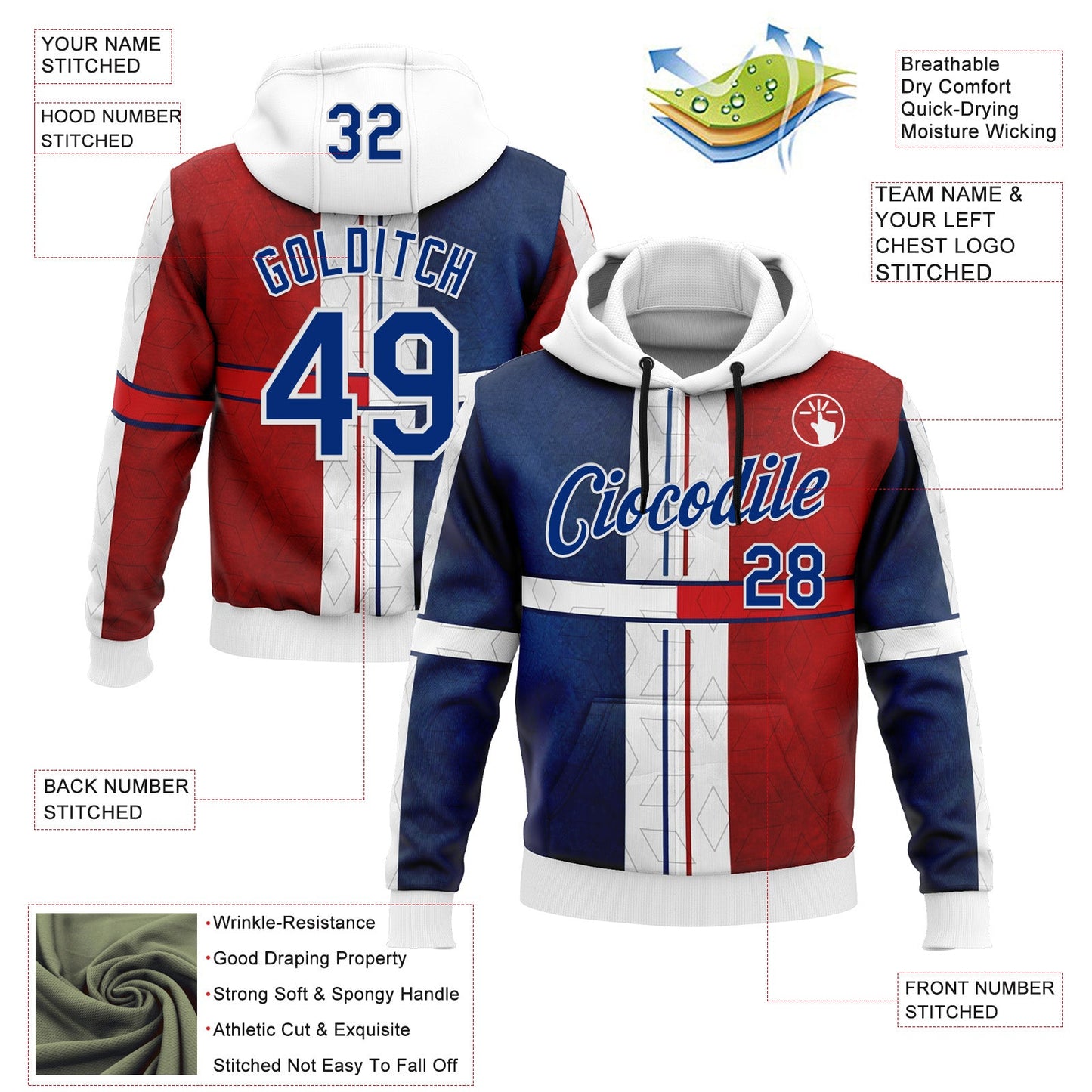 Custom Stitched White Royal Blue-Red 3D Pattern Design American Inspired Geometric Shape Sportswear Pullover Sweatshirt Hoodie view 2