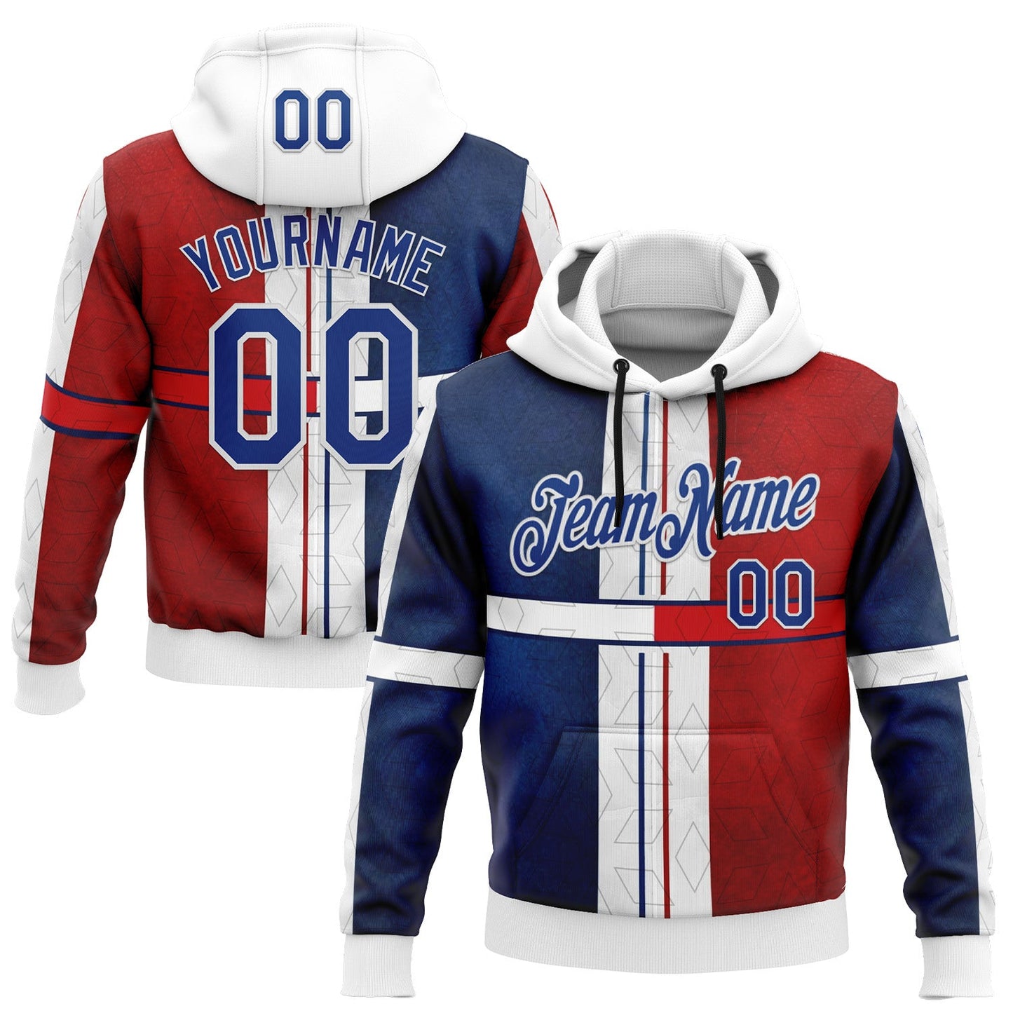 Custom Stitched White Royal Blue-Red 3D Pattern Design American Inspired Geometric Shape Sportswear Pullover Sweatshirt Hoodie - Main View