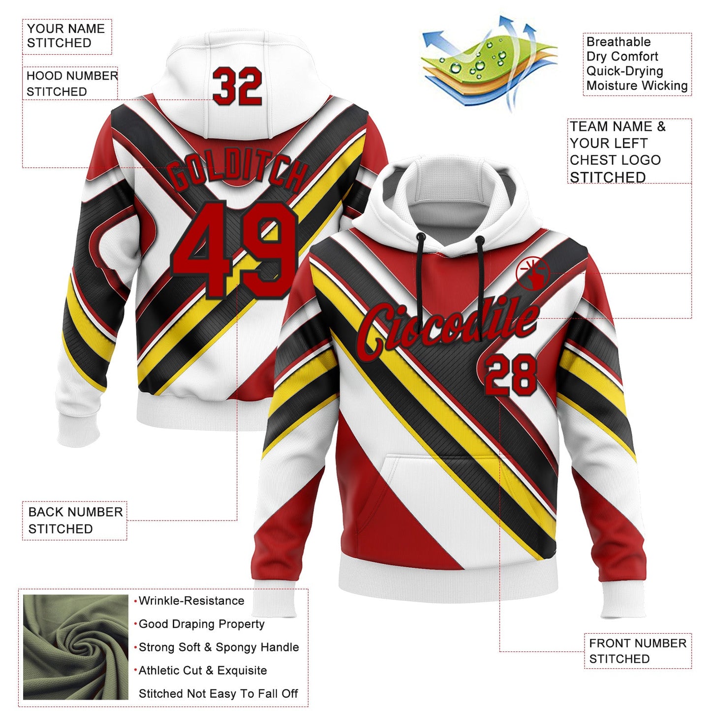 Custom Stitched White Red Yellow-Black 3D Pattern Design Germany Inspired Geometric Shape Sportswear Pullover Sweatshirt Hoodie view 2