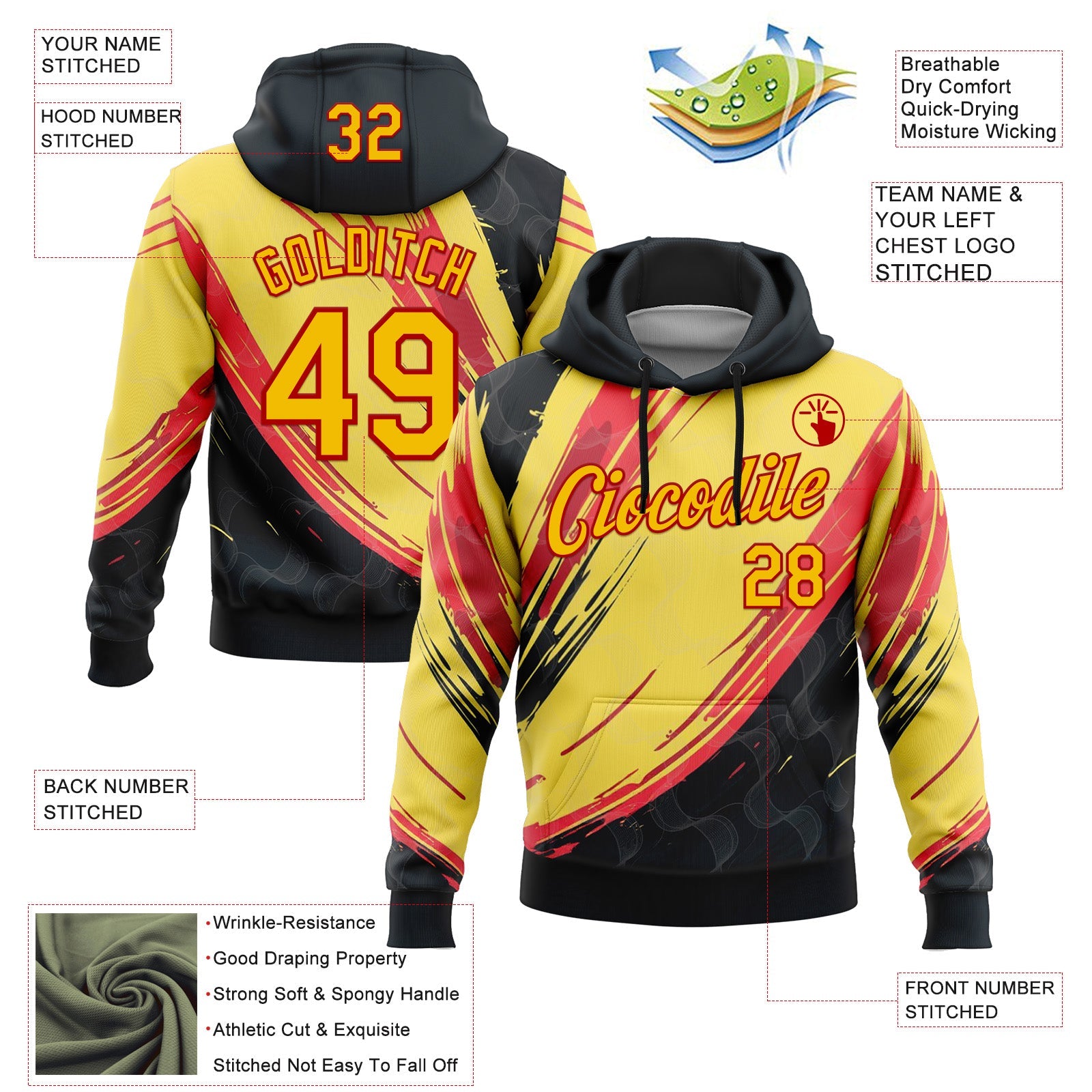 Custom Stitched Yellow Black-Red 3D Pattern Design Germany Inspired Abstract Line Sportswear Pullover Sweatshirt Hoodie view 2