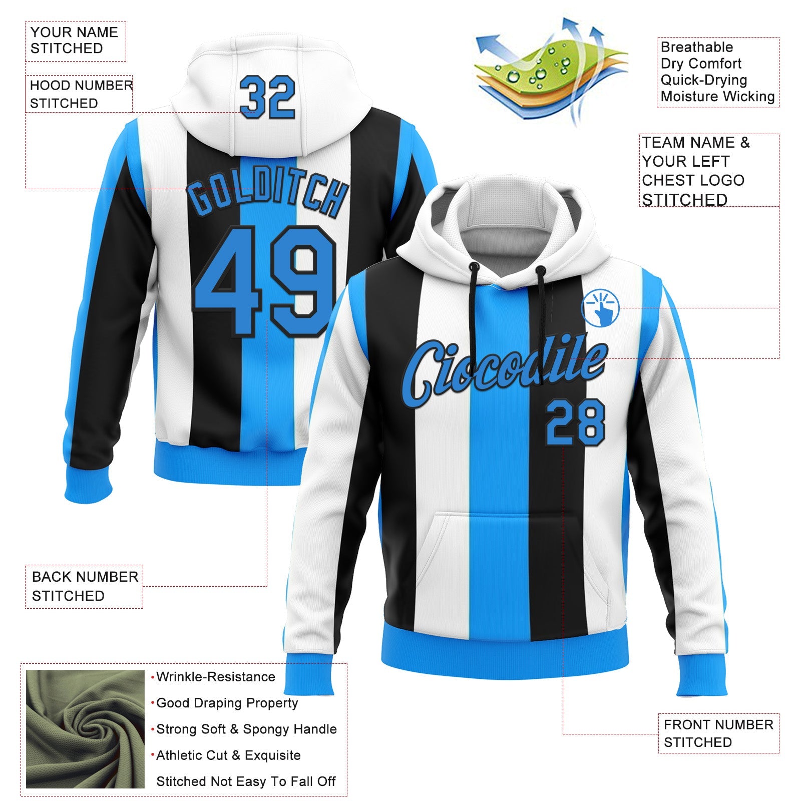Custom Stitched White Powder Blue Black-Blue 3D Pattern Design Argentine Inspired Stripe Sportswear Pullover Sweatshirt Hoodie view 2