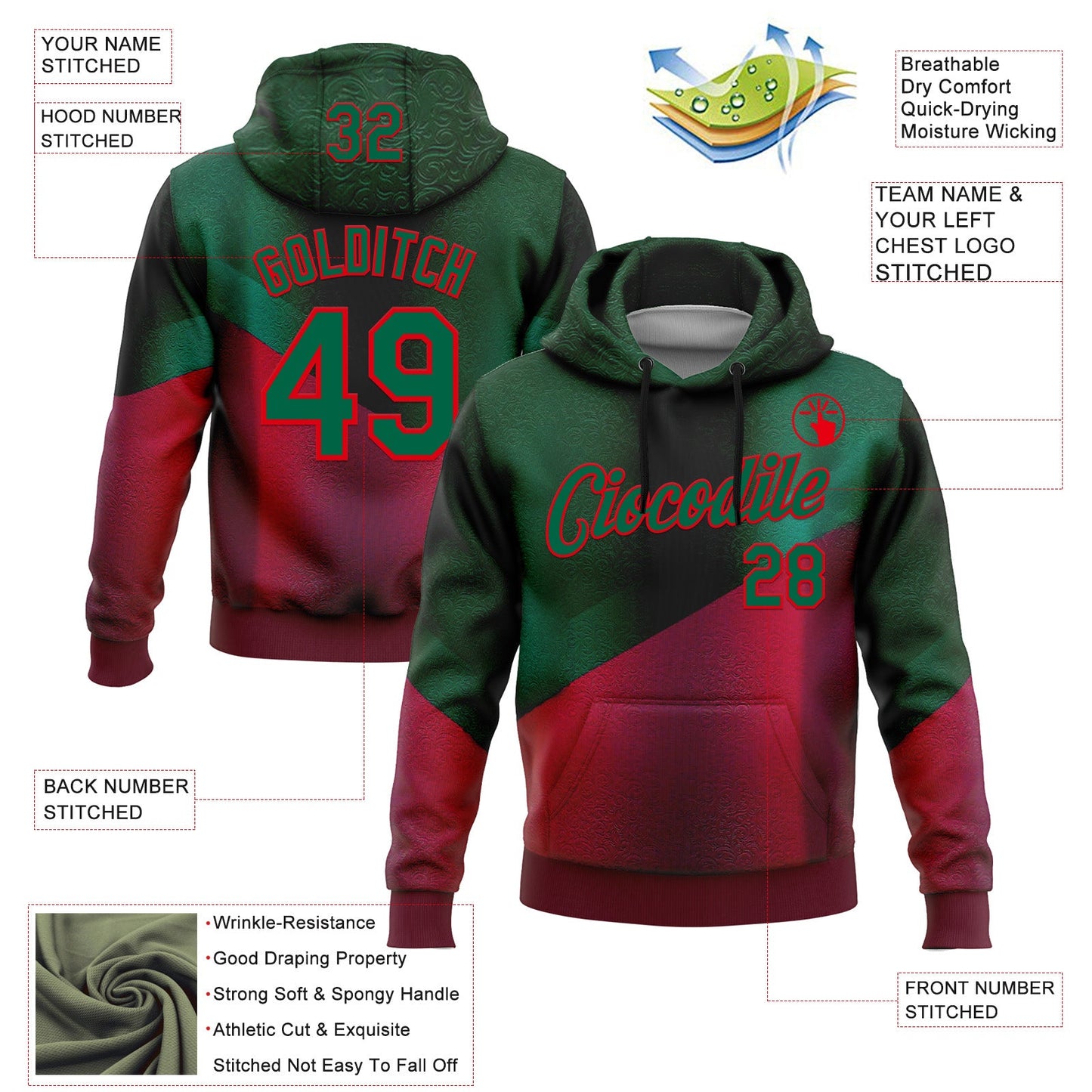 Custom Stitched Green Kelly Green-Red 3D Pattern Design Mexico Abstract Sportswear Pullover Sweatshirt Hoodie view 2