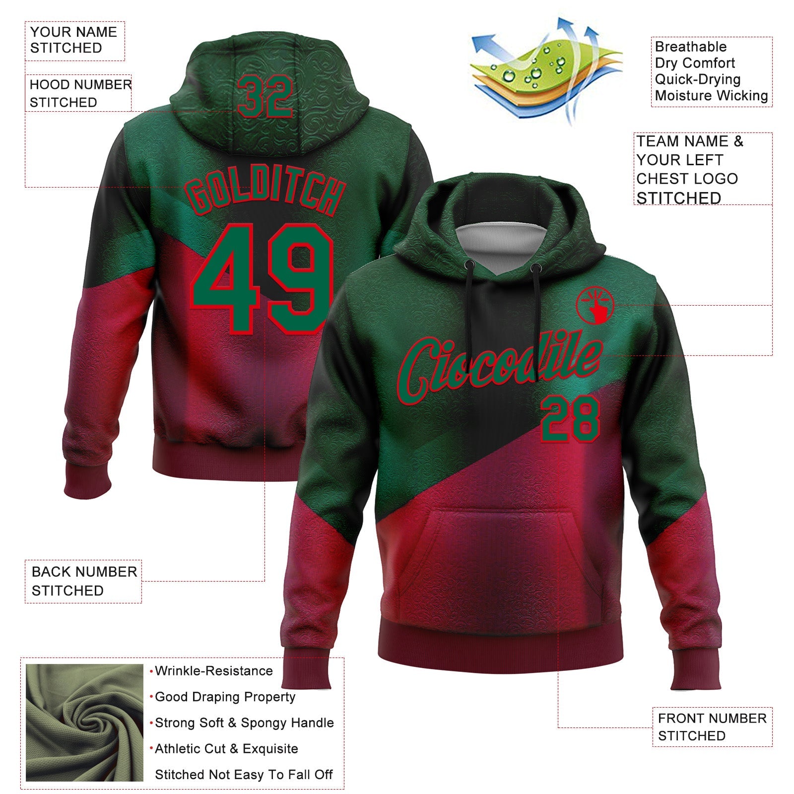 Custom Stitched Green Kelly Green-Red 3D Pattern Design Mexico Abstract Sportswear Pullover Sweatshirt Hoodie view 2
