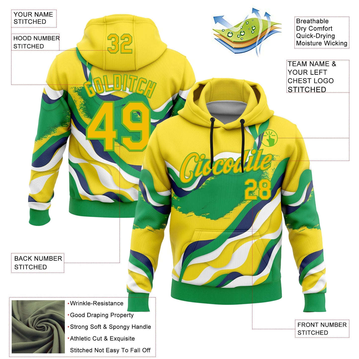 Custom Stitched Yellow Green-Aurora Green 3D Pattern Design Brazil Inspired Abstract Wave Sportswear Pullover Sweatshirt Hoodie view 2