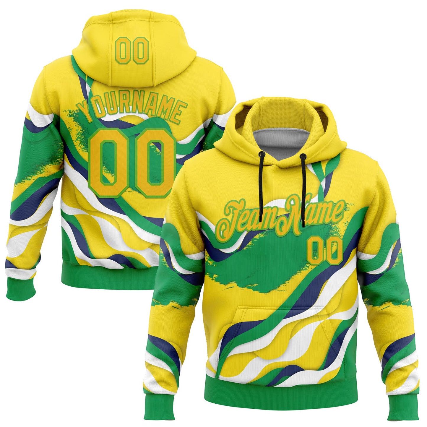 Custom Stitched Yellow Green-Aurora Green 3D Pattern Design Brazil Inspired Abstract Wave Sportswear Pullover Sweatshirt Hoodie - Main View