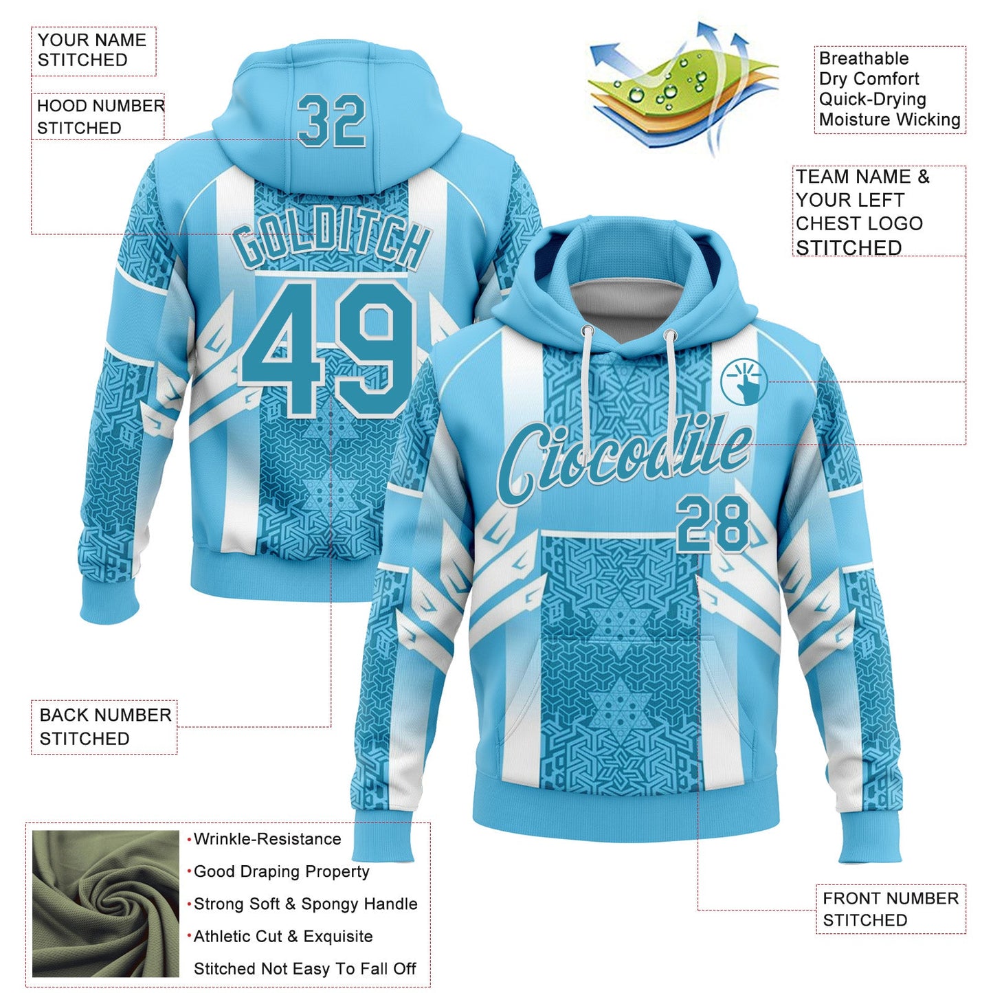 Custom Stitched Blue Panther Blue-White 3D Pattern Design Argentine Inspired Geometric Shape Sportswear Pullover Sweatshirt Hoodie view 2