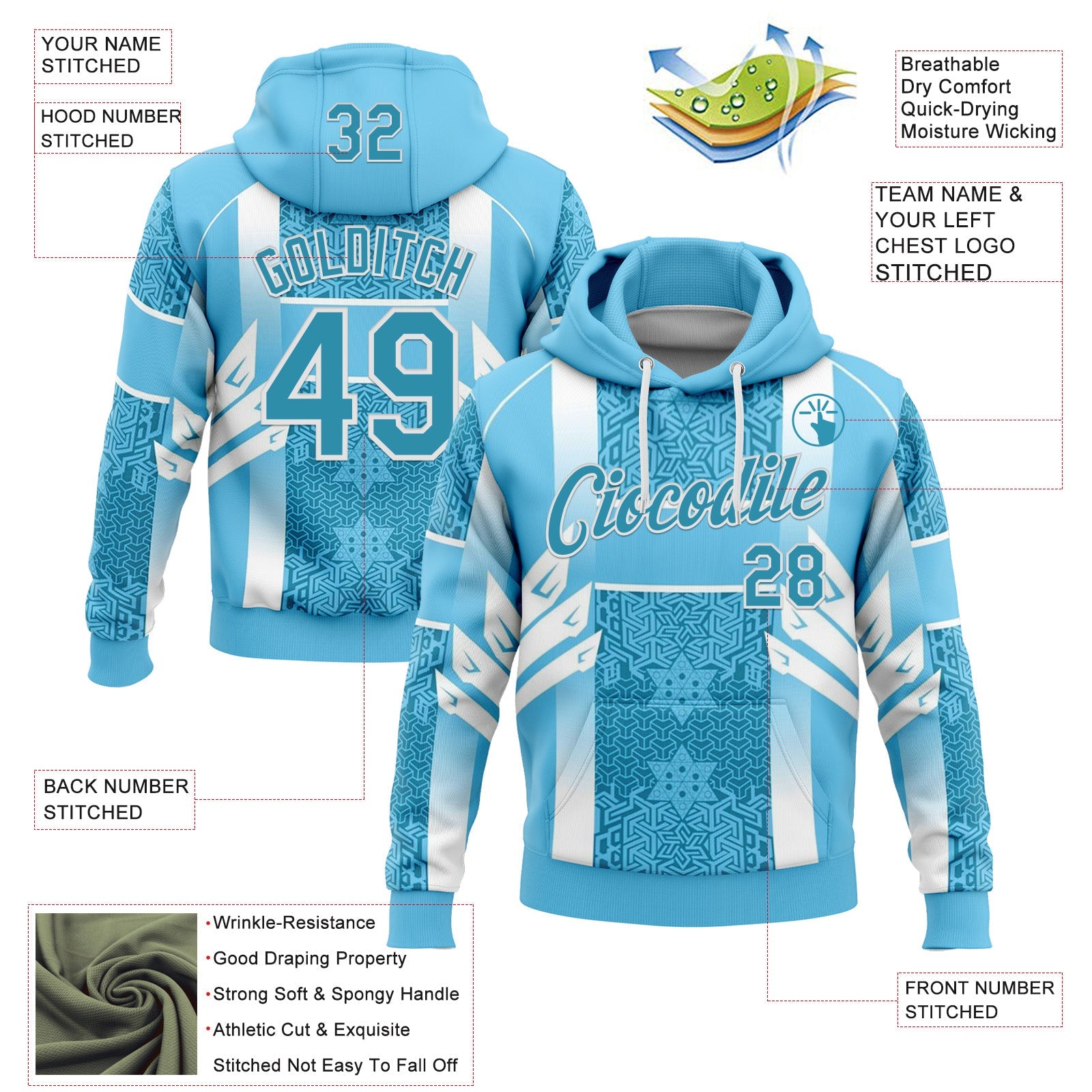 Custom Stitched Blue Panther Blue-White 3D Pattern Design Argentine Inspired Geometric Shape Sportswear Pullover Sweatshirt Hoodie view 2