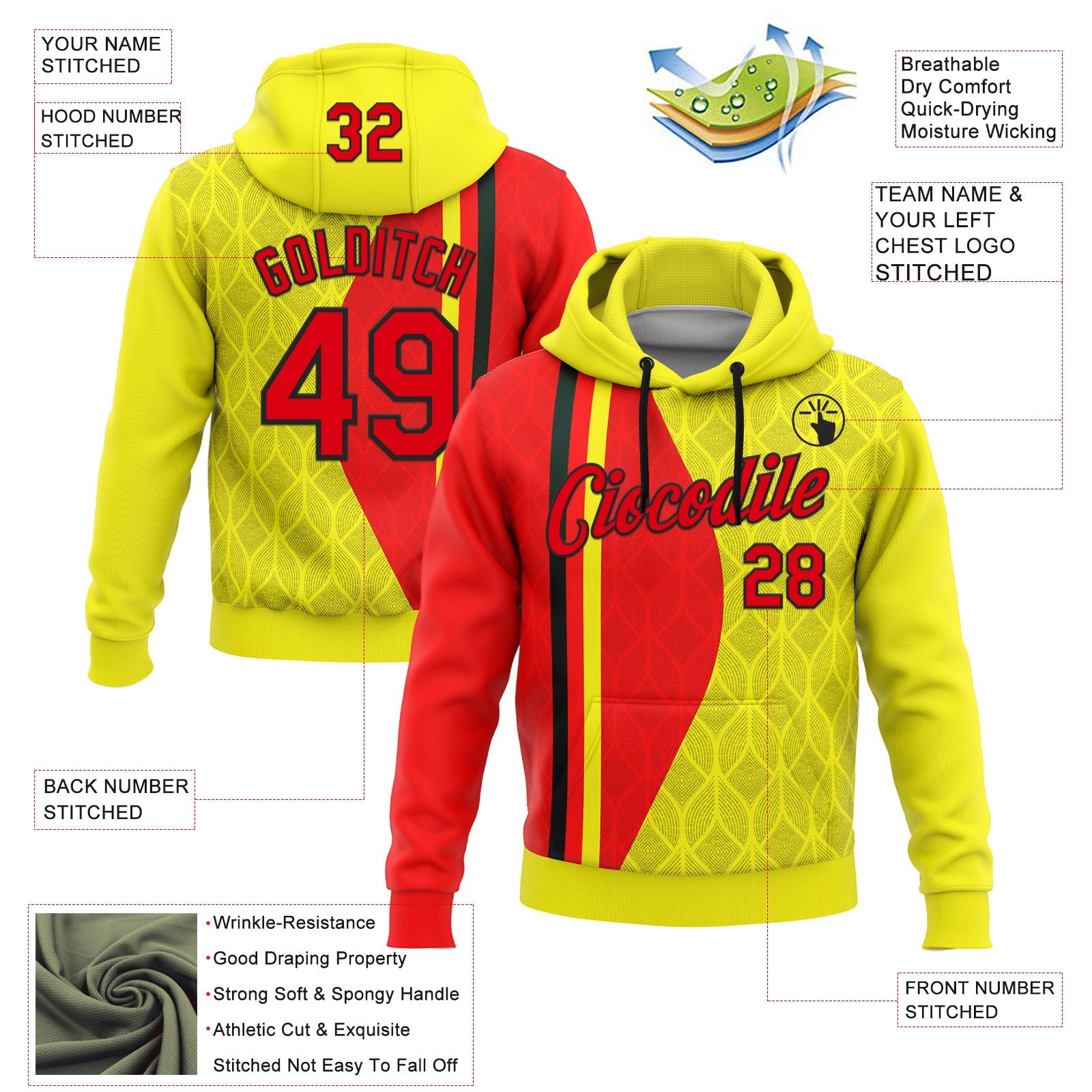 Custom Stitched Yellow Fire Red-Black 3D Pattern Design Germany Inspired Geometric Shape Sportswear Pullover Sweatshirt Hoodie view 2