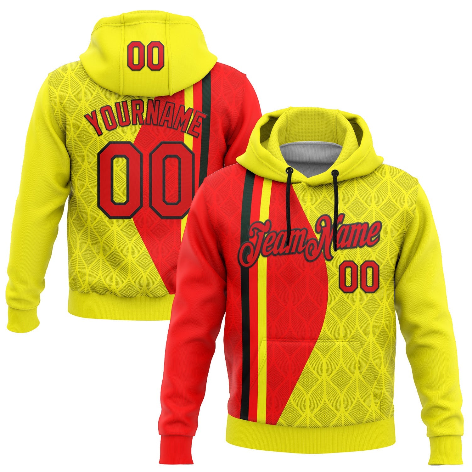 Custom Stitched Yellow Fire Red-Black 3D Pattern Design Germany Inspired Geometric Shape Sportswear Pullover Sweatshirt Hoodie - Main View