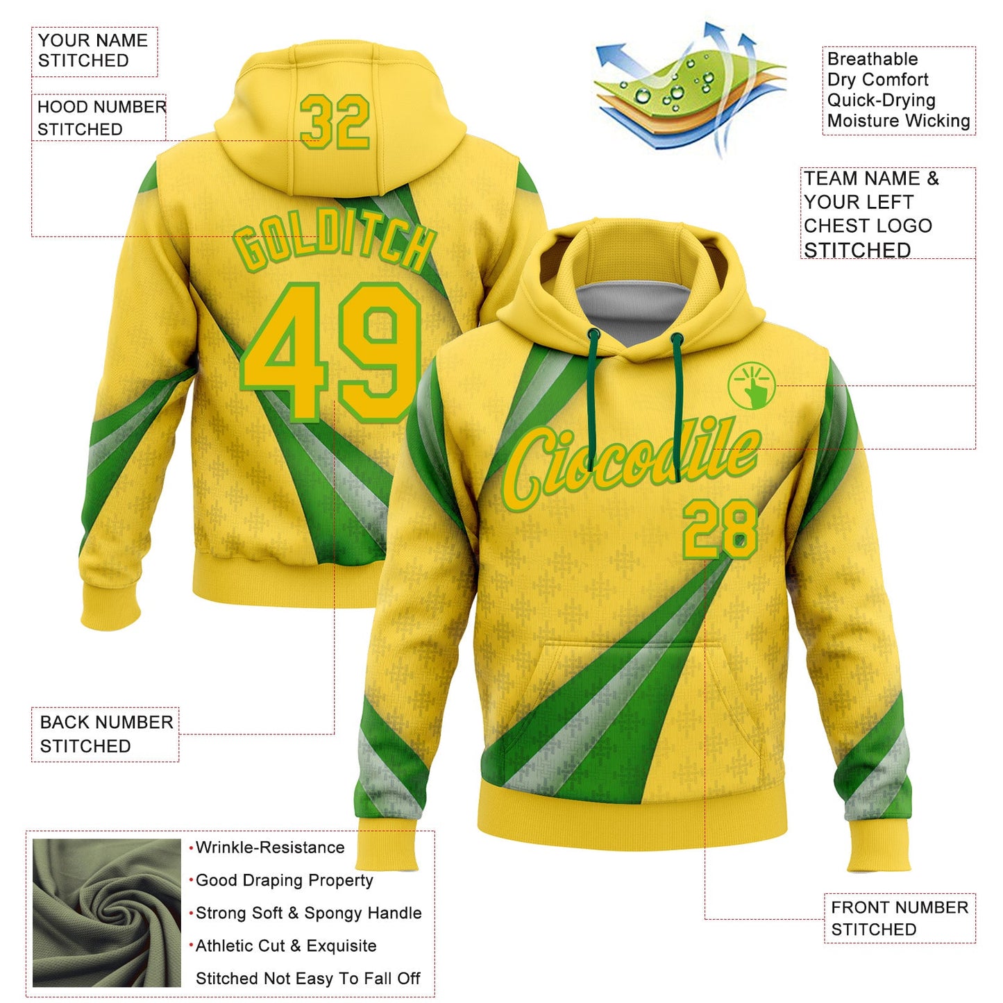 Custom Stitched Yellow Green-Aurora Green 3D Pattern Design Brazil Inspired Geometric Shape Sportswear Pullover Sweatshirt Hoodie view 2