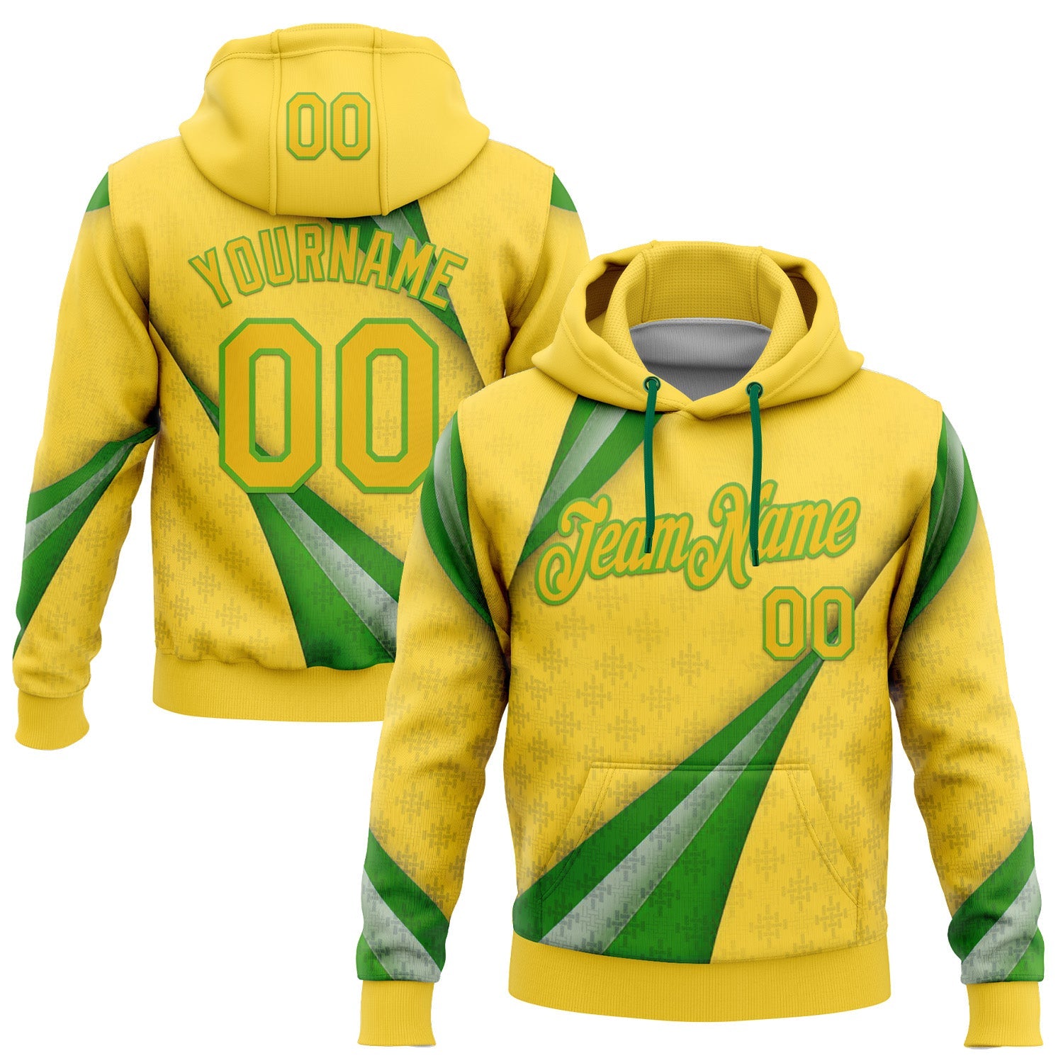 Custom Stitched Yellow Green-Aurora Green 3D Pattern Design Brazil Inspired Geometric Shape Sportswear Pullover Sweatshirt Hoodie - Main View