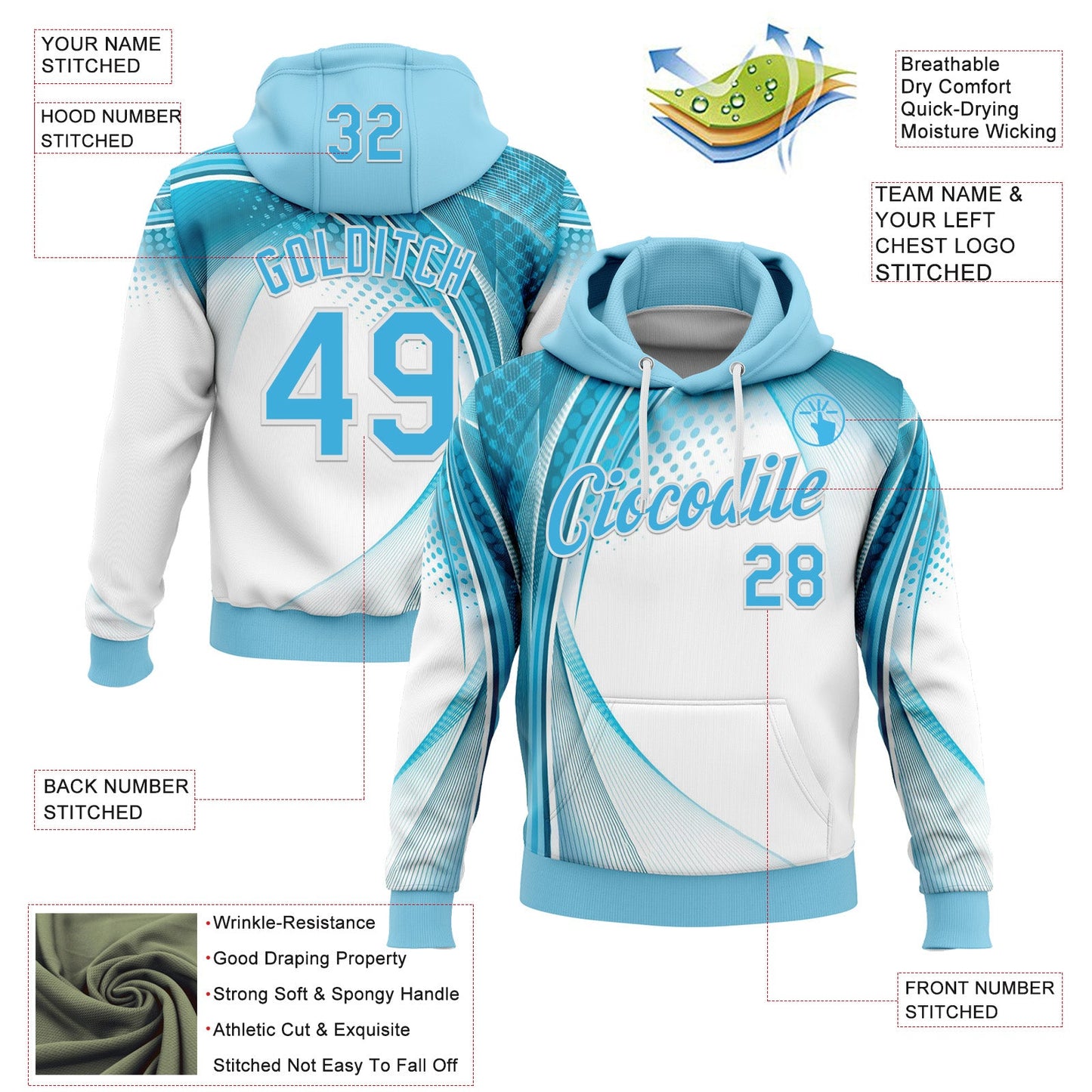Custom Stitched Blue Sky Blue-White 3D Pattern Design Argentine Inspired Geometric Shape Sportswear Pullover Sweatshirt Hoodie view 2