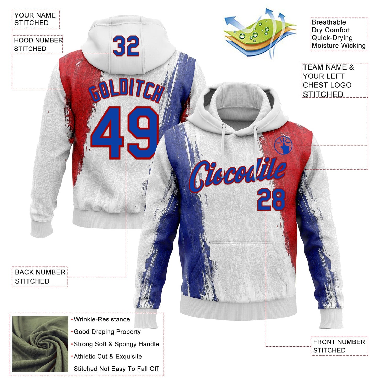 Custom Stitched White Thunder Blue-Red 3D Pattern Design American Inspired Ethnic Paisley Bandana Sportswear Pullover Sweatshirt Hoodie view 2