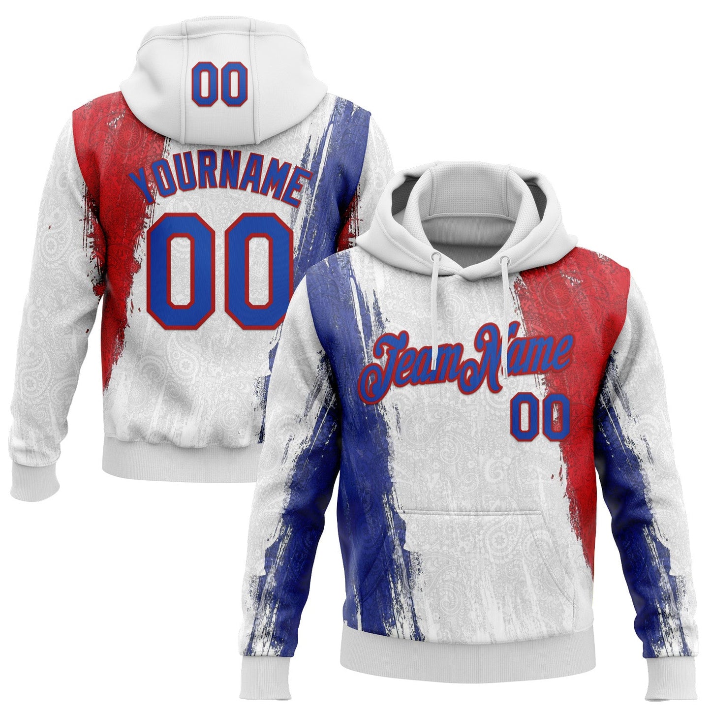 Custom Stitched White Thunder Blue-Red 3D Pattern Design American Inspired Ethnic Paisley Bandana Sportswear Pullover Sweatshirt Hoodie - Main View
