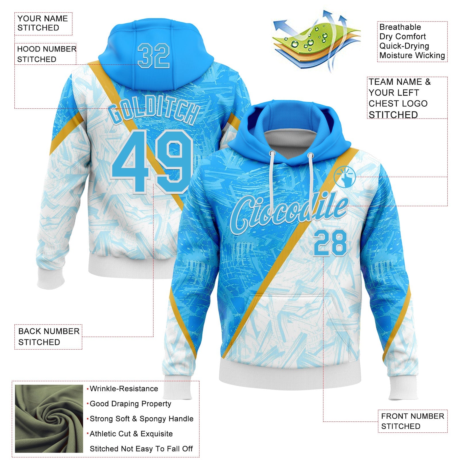 Custom Stitched Blue Sky Blue-White 3D Pattern Design Argentine Inspired Graffiti Sportswear Pullover Sweatshirt Hoodie view 2
