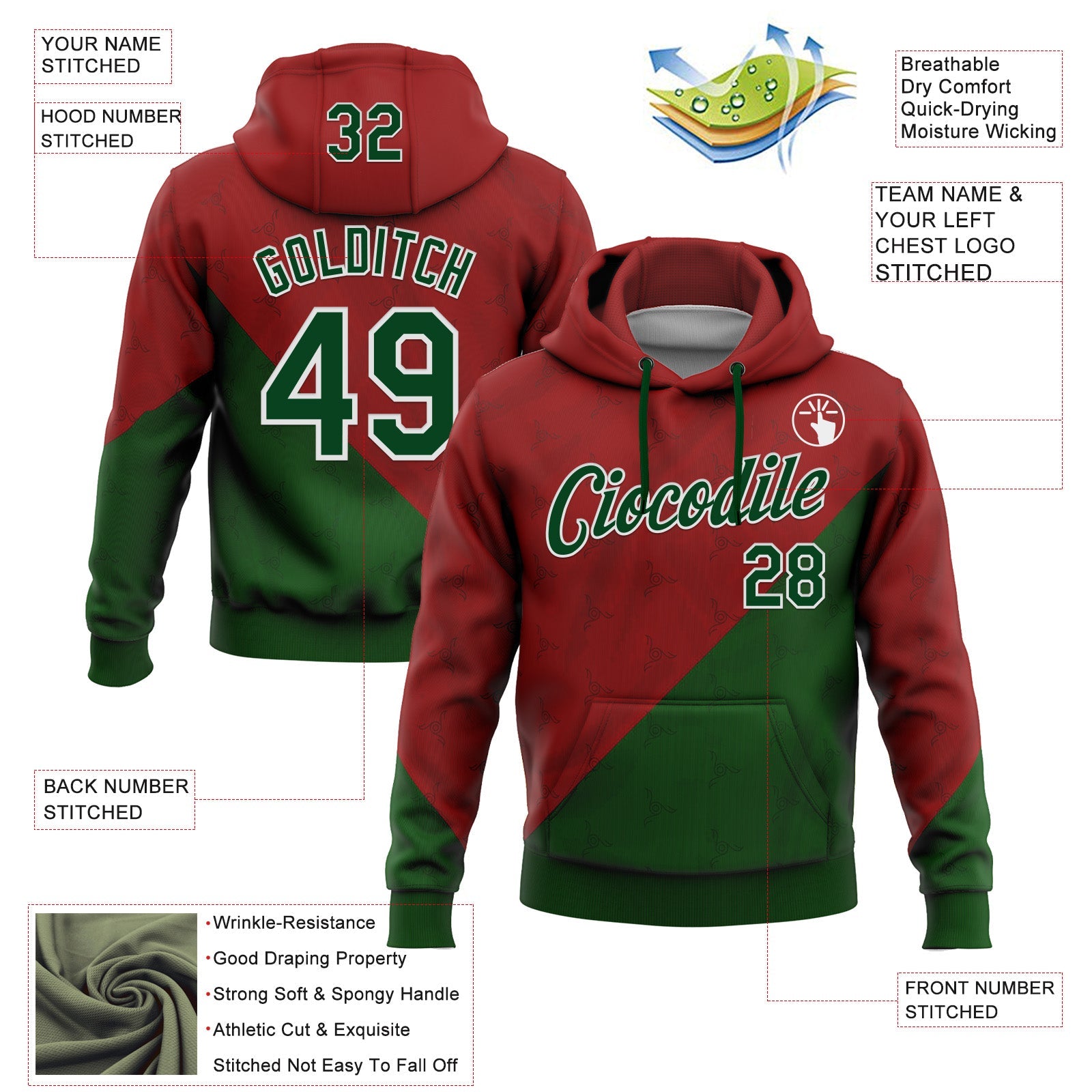 Custom Stitched Red Green-White 3D Pattern Design Mexico Subtle Sportswear Pullover Sweatshirt Hoodie view 2