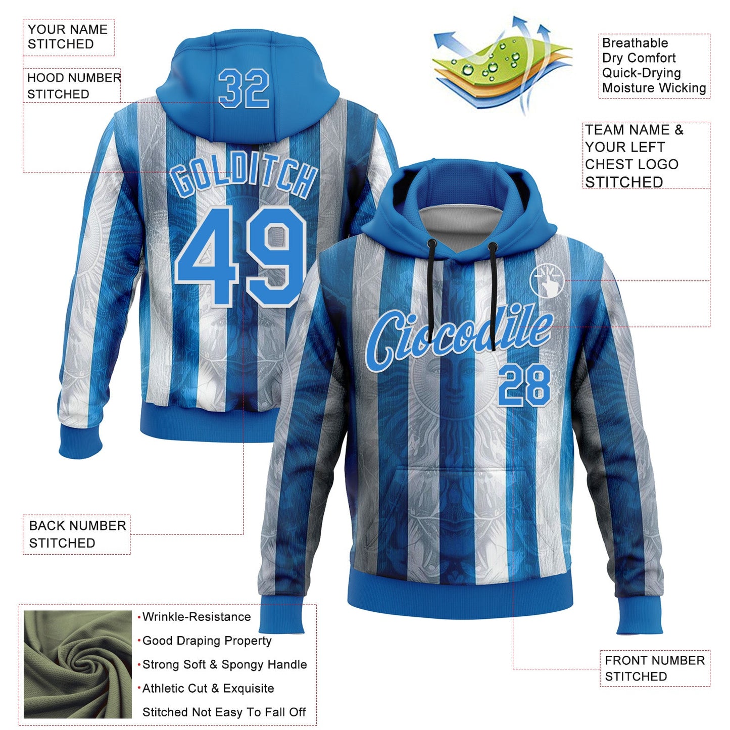 Custom Stitched Blue Powder Blue-White 3D Pattern Design Argentine Inspired Sun And Moon Sportswear Pullover Sweatshirt Hoodie view 2