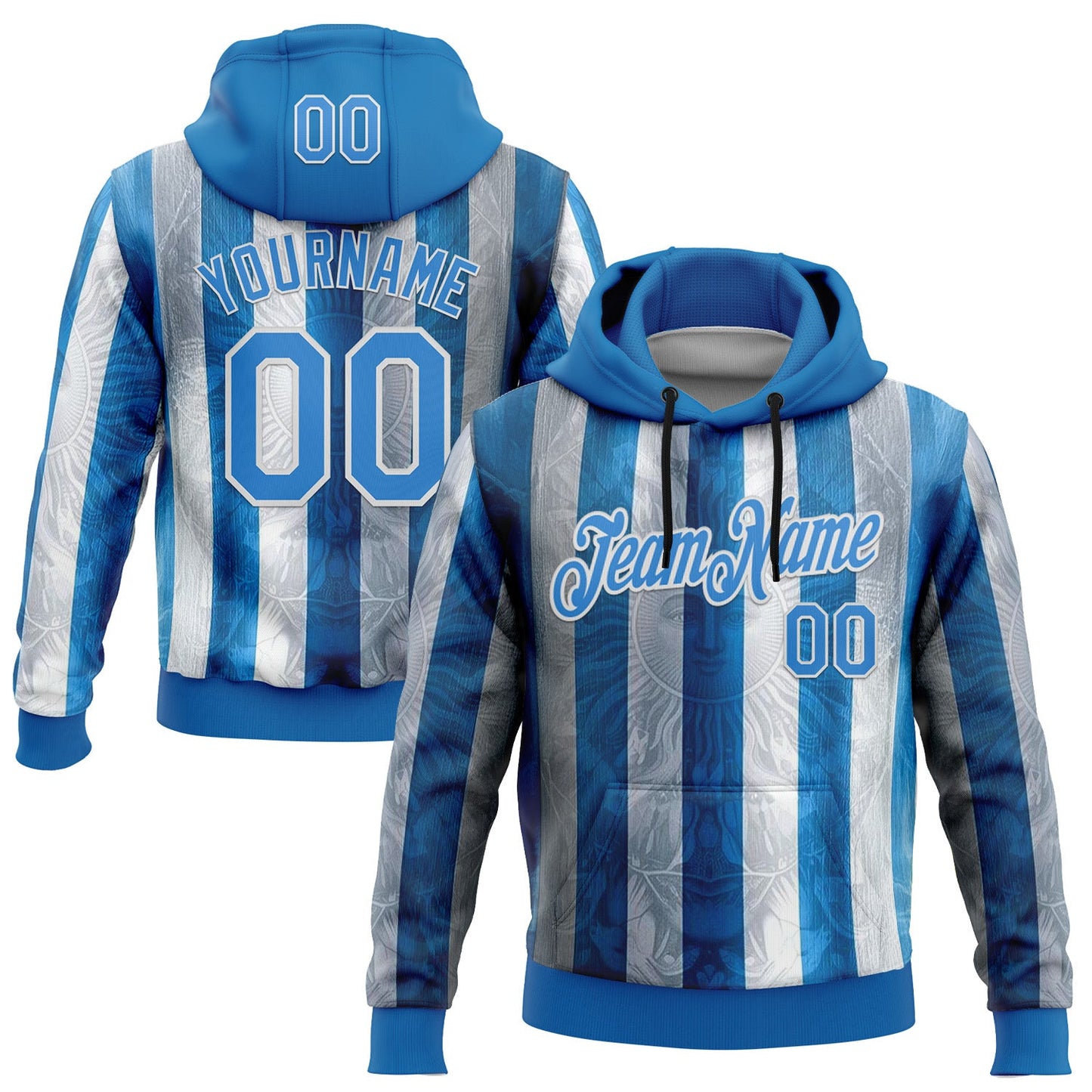 Custom Stitched Blue Powder Blue-White 3D Pattern Design Argentine Inspired Sun And Moon Sportswear Pullover Sweatshirt Hoodie - Main View
