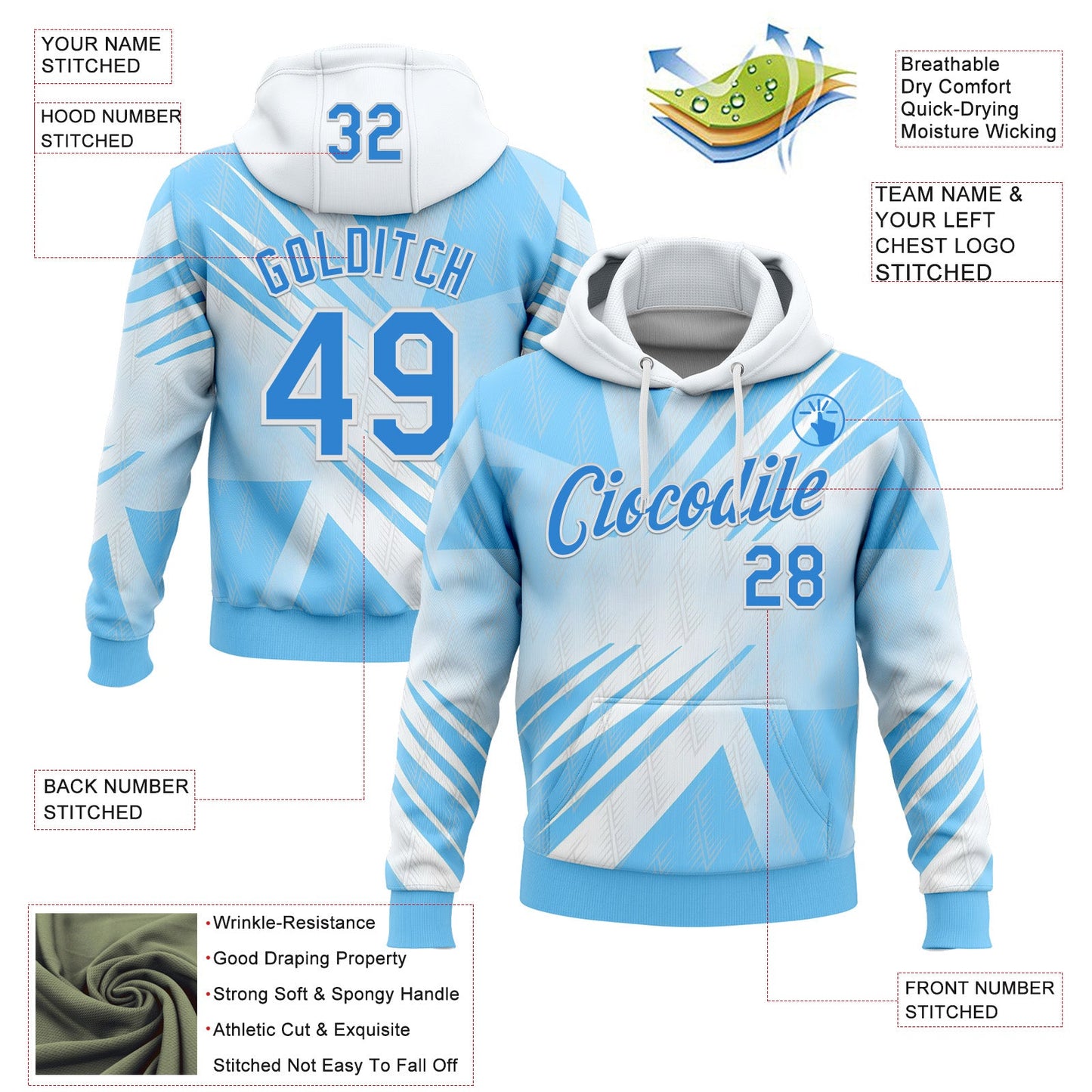 Custom Stitched White Powder Blue-Blue 3D Pattern Design Argentine Inspired Geometric Shape Sportswear Pullover Sweatshirt Hoodie view 2