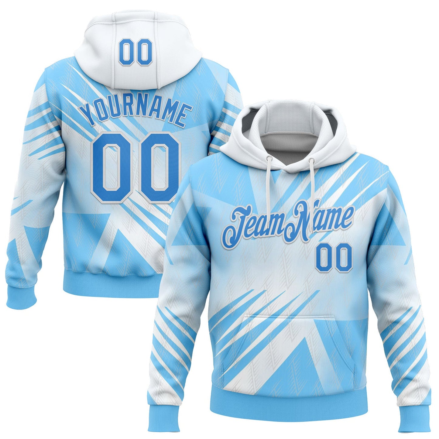 Custom Stitched White Powder Blue-Blue 3D Pattern Design Argentine Inspired Geometric Shape Sportswear Pullover Sweatshirt Hoodie - Main View