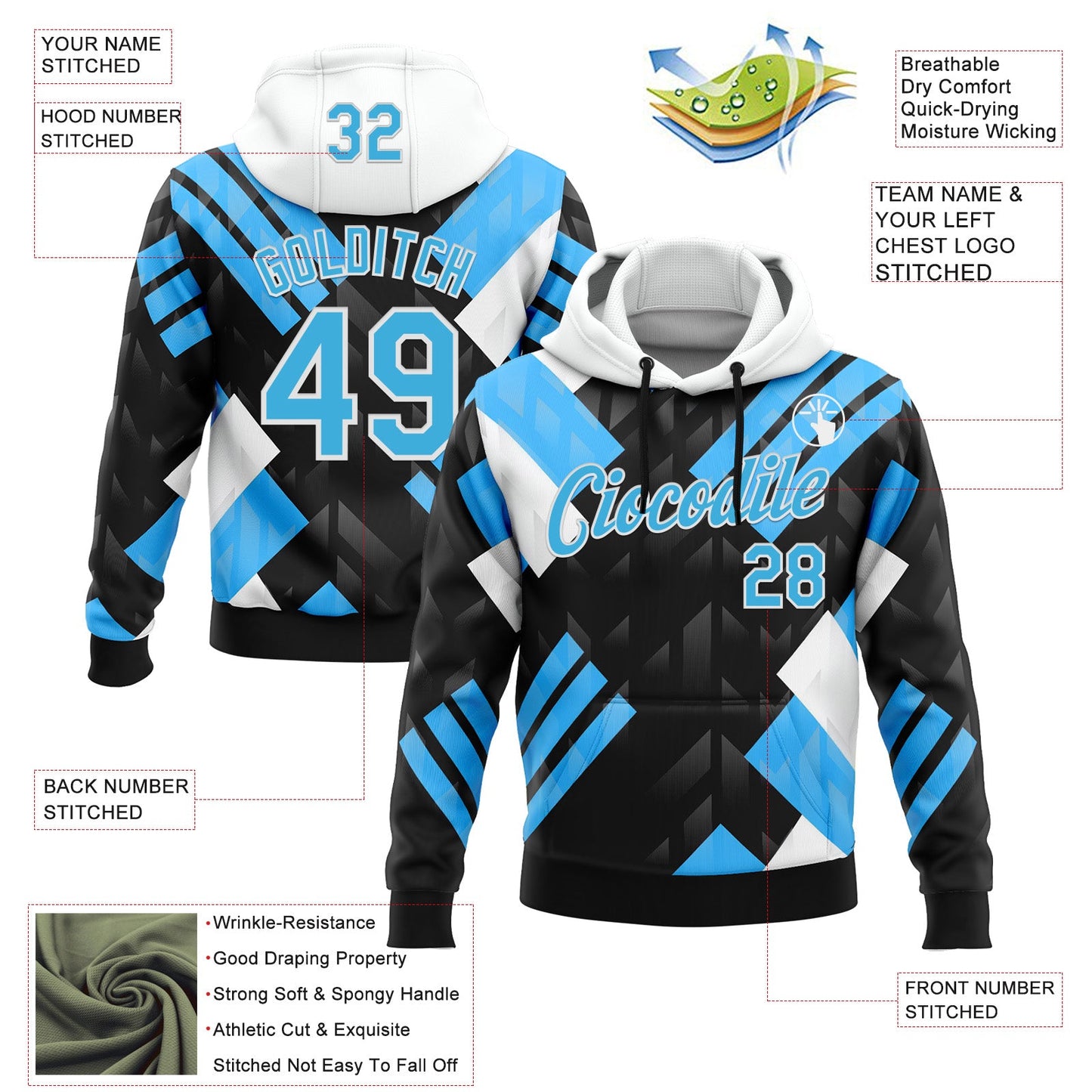 Custom Stitched Black Sky Blue Blue-White 3D Pattern Design Chelsea Argentine Inspired Geometric Shape Sportswear Pullover Sweatshirt Hoodie view 2
