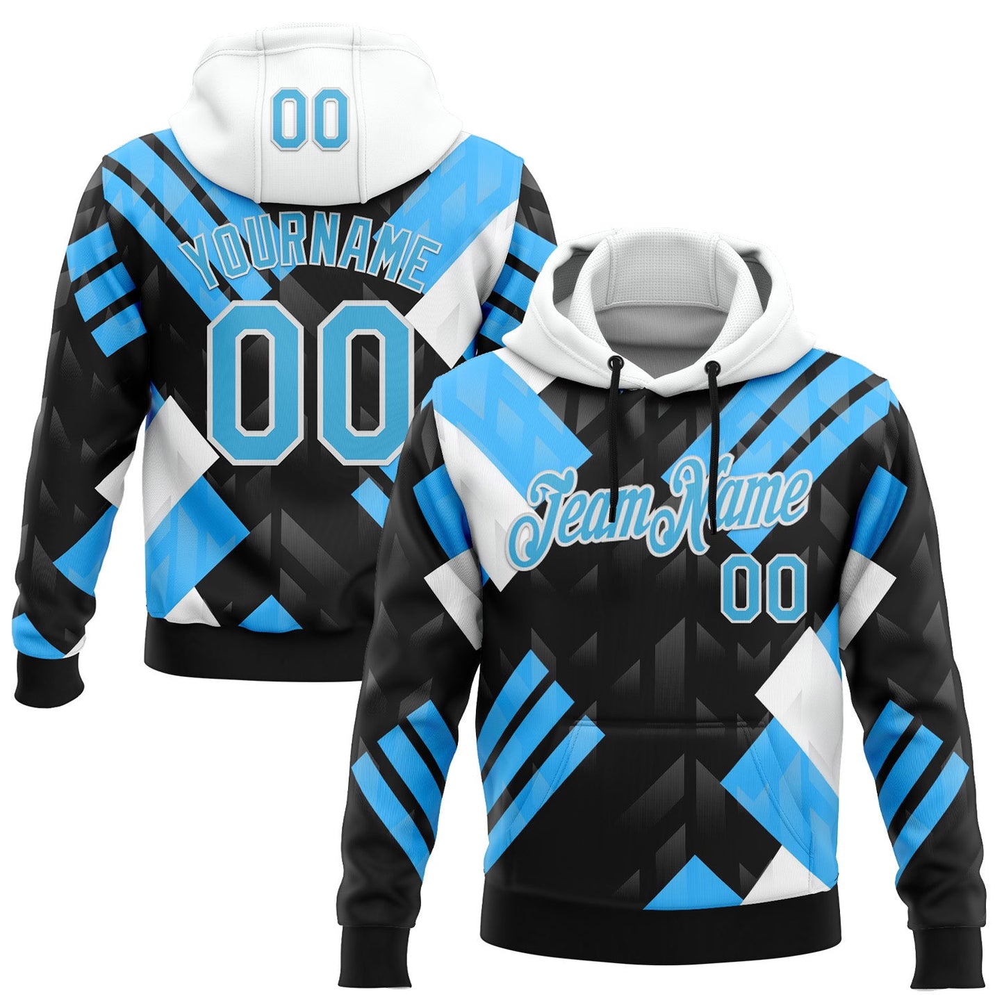 Custom Stitched Black Sky Blue Blue-White 3D Pattern Design Chelsea Argentine Inspired Geometric Shape Sportswear Pullover Sweatshirt Hoodie - Main View