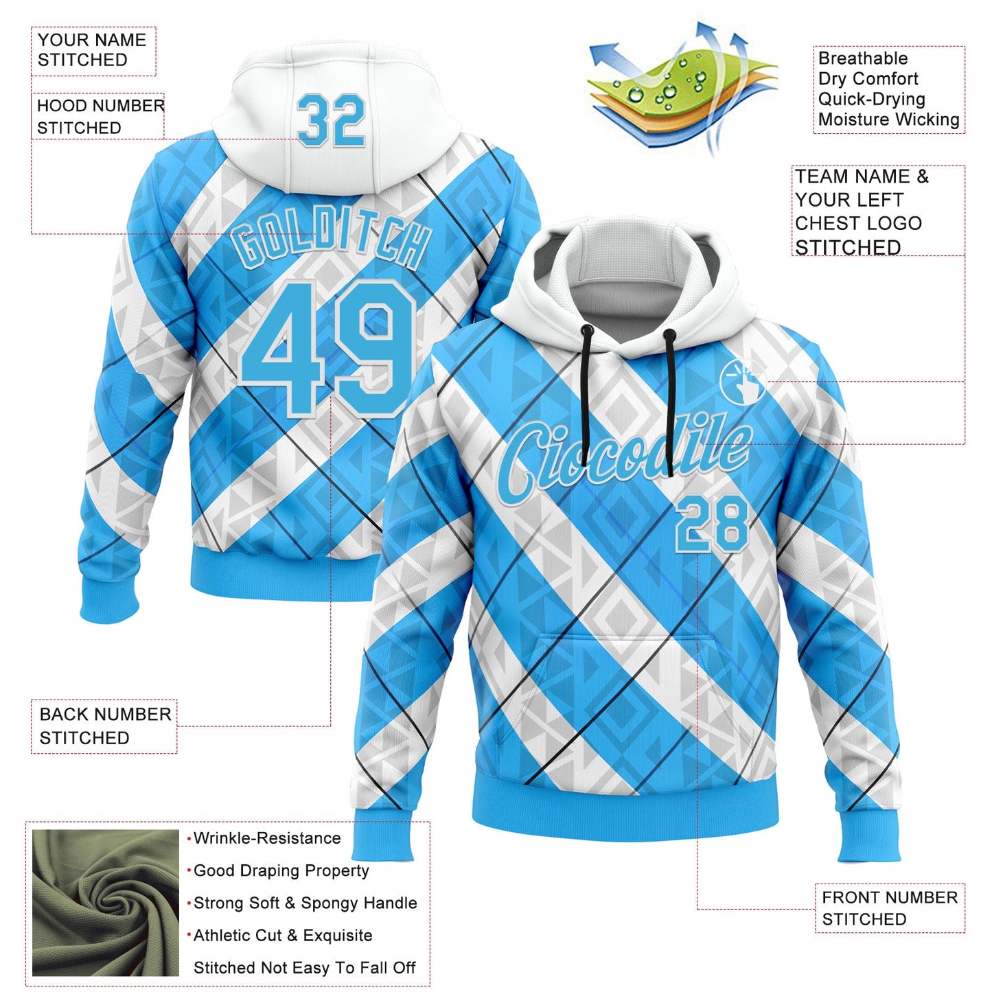 Custom Stitched White Sky Blue Black-Blue 3D Pattern Design Argentine Inspired Geometric Tribal Shape Sportswear Pullover Sweatshirt Hoodie view 2